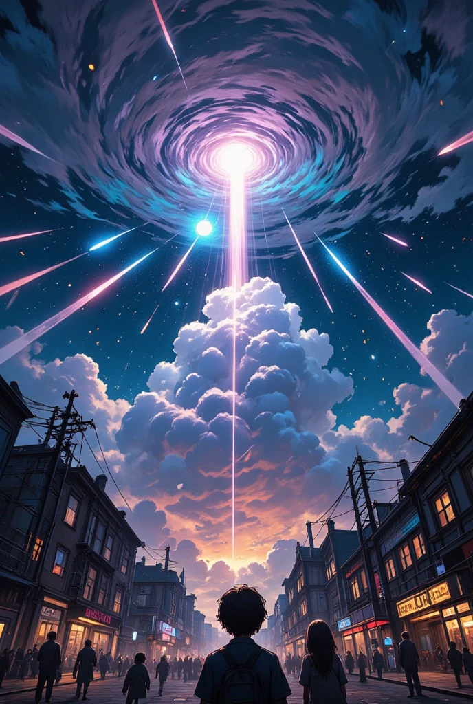 doutch angle view of a very beautiful end-of-the-world scene, tremendous so many beautiful meteors falling blasting the clouds to beautiful lively city. Very dynamic dramatic picture. The sky is beautifully spread out in an impossible and unusual color. People are looking at it from below.