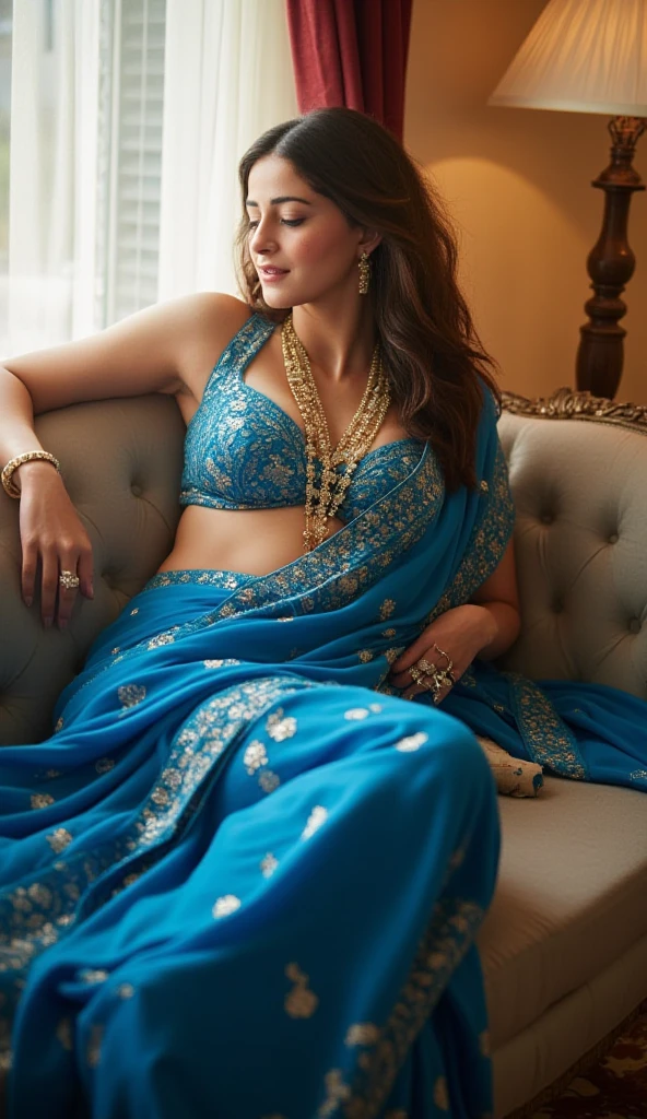 a woman in a blue sari sitting on a chair, very attractive and beautiful, sexy look, blue colored traditional wear, cleavage, candid picture, very beautiful enga style, revealing clothes, with lovely look, candid photograph, candid photo, immense details, with a seductive smile, wearing a blouse, traditional beauty, seductive lady, seductively looking in front, indian goddess