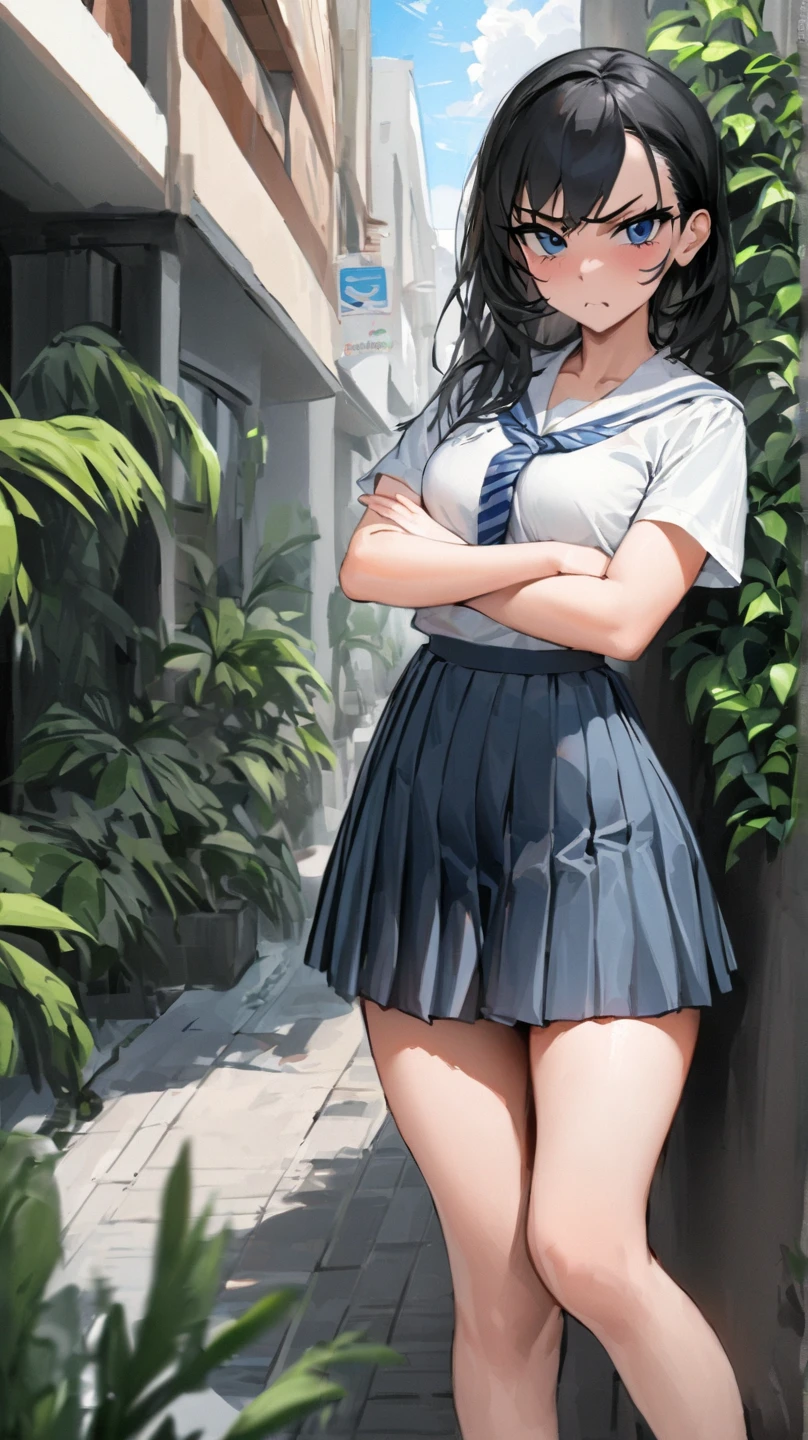 high school girl, Urinating、Hold your groin、Wear a uniform, Is peeing, To pee, Urine stains, Pee flow, Dirty Skirt, Pee puddle, blush, Open your mouth, Mad, Outdoor, Peeing near the back door of the school, 不用意にTo pee