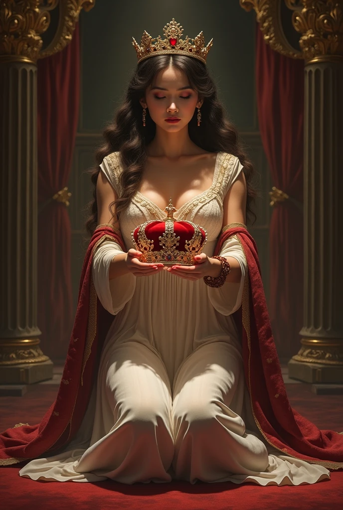 (photorealism:1.2), women, crowned, white robes, royals, golden royal throne room