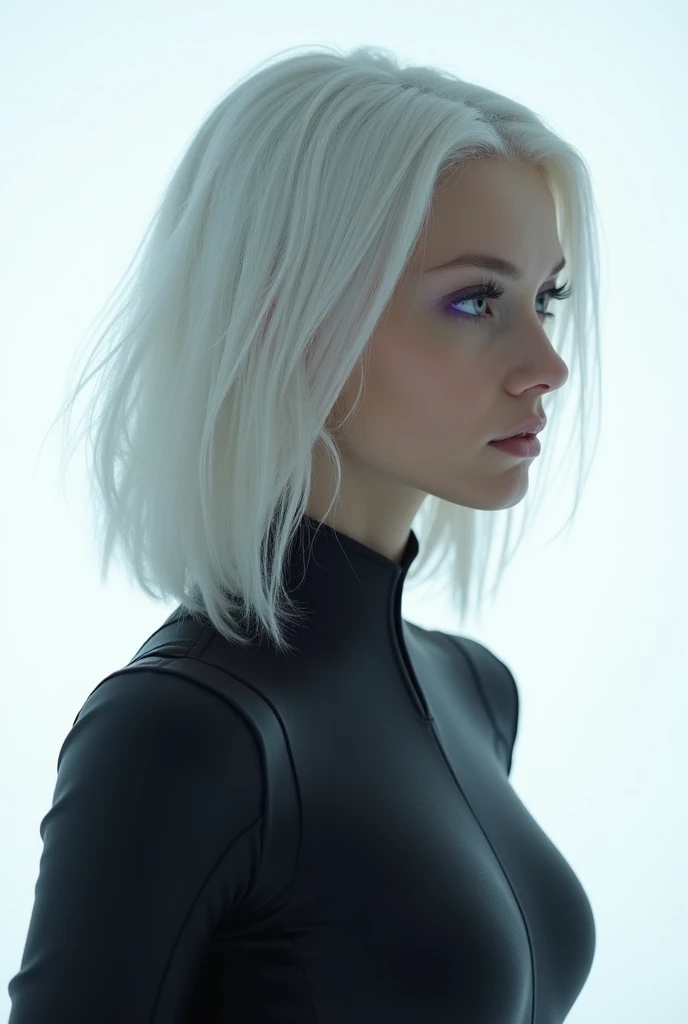  
image of a woman with a laptop, light gray hair, hair below the shoulders, blue shining eyes, Dreamy girl in cyberpunk style, In a black dress, standing straight, black long sharp nails, looks straight into the camera, hyperrealism, realistically, Hyper-Definition, 4k
