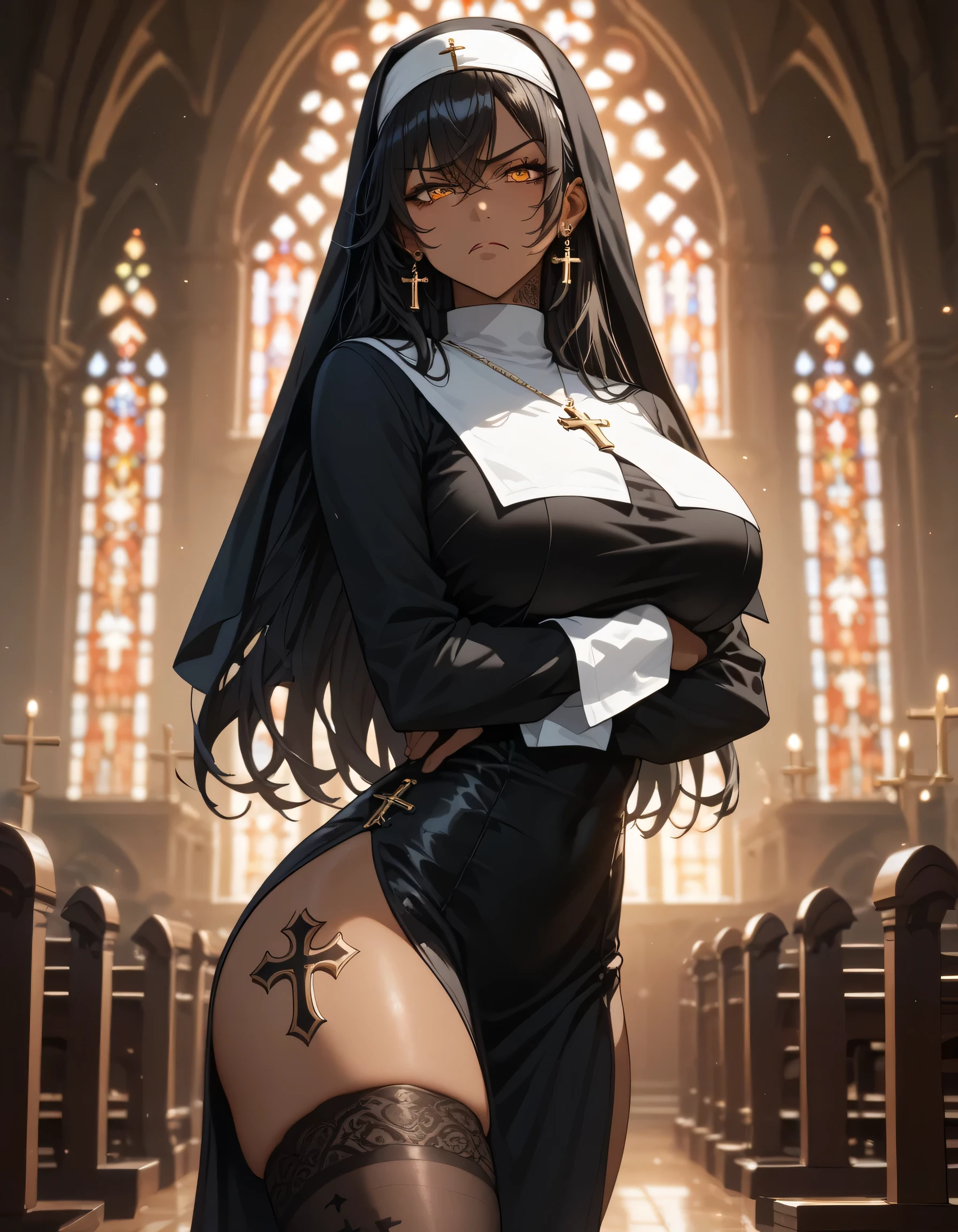 adult, female, 32 years old, beautiful, dark skin female, black hair, long hair, side bangs, messy bangs, amber eyes, tall height, curvy thighs, curvy hips, thin waists, big breasts, curvy ass, slim body, detailed eyes, detailed face, detailed body, adult, detailed church, detailed eyes, make up, looking at viewer, evening, tight black gabbit, nun, black patterned stockings, standing, head tilted to side, annoyed, hips moved to side, solo, disgusted, arm's crossed under breasts, big cross on the chest, nun hat, nun clothes, tattoos on thighs, tattoos on neck, lot of tattoos