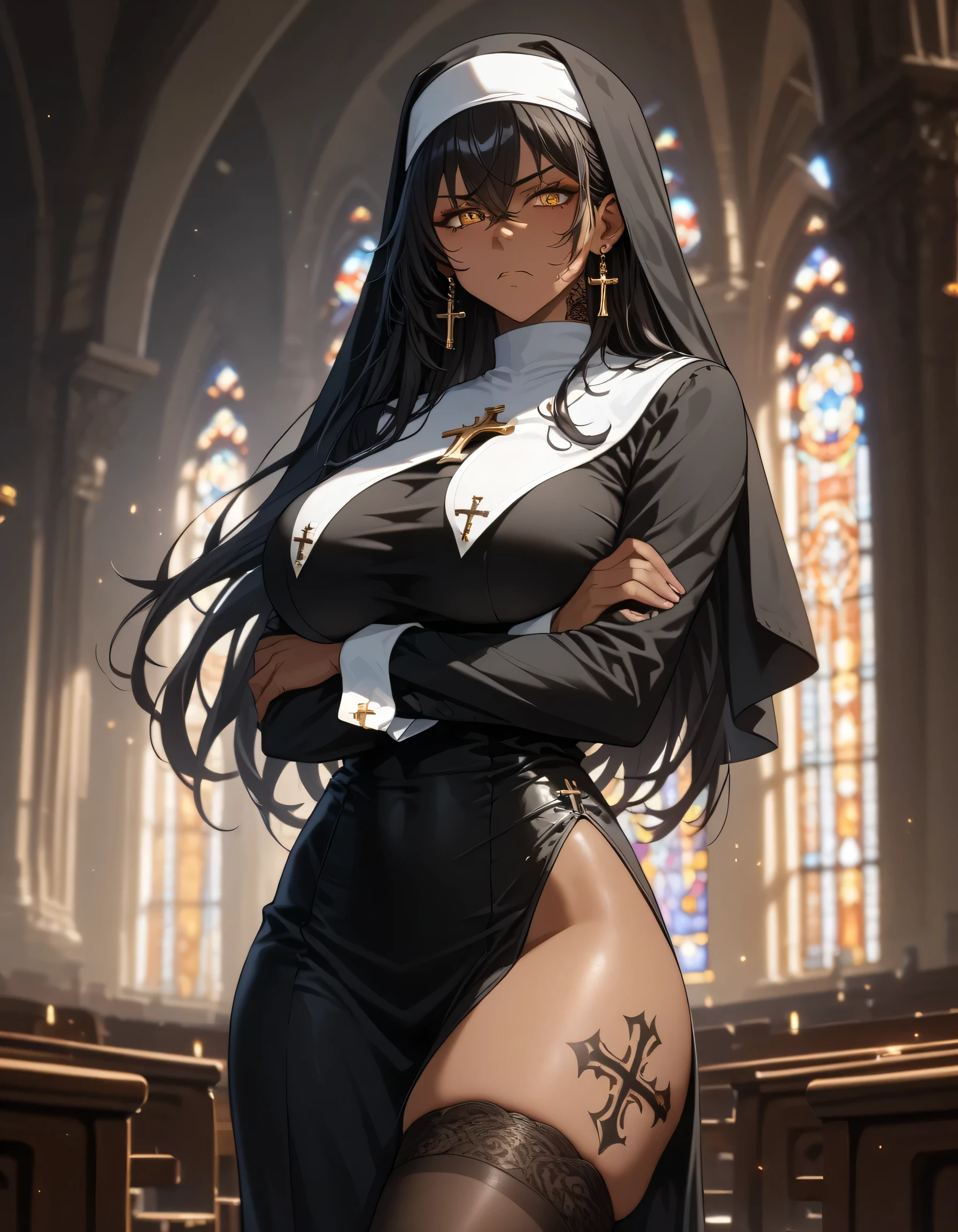 adult, female, 32 years old, beautiful, dark skin female, black hair, long hair, side bangs, messy bangs, amber eyes, tall height, curvy thighs, curvy hips, thin waists, big breasts, curvy ass, slim body, detailed eyes, detailed face, detailed body, adult, detailed church, detailed eyes, make up, looking at viewer, evening, tight black gabbit, nun, black patterned stockings, standing, head tilted to side, annoyed, hips moved to side, solo, disgusted, arm's crossed under breasts, big cross on the chest, nun hat, nun clothes, tattoos on thighs, tattoos on neck, lot of tattoos