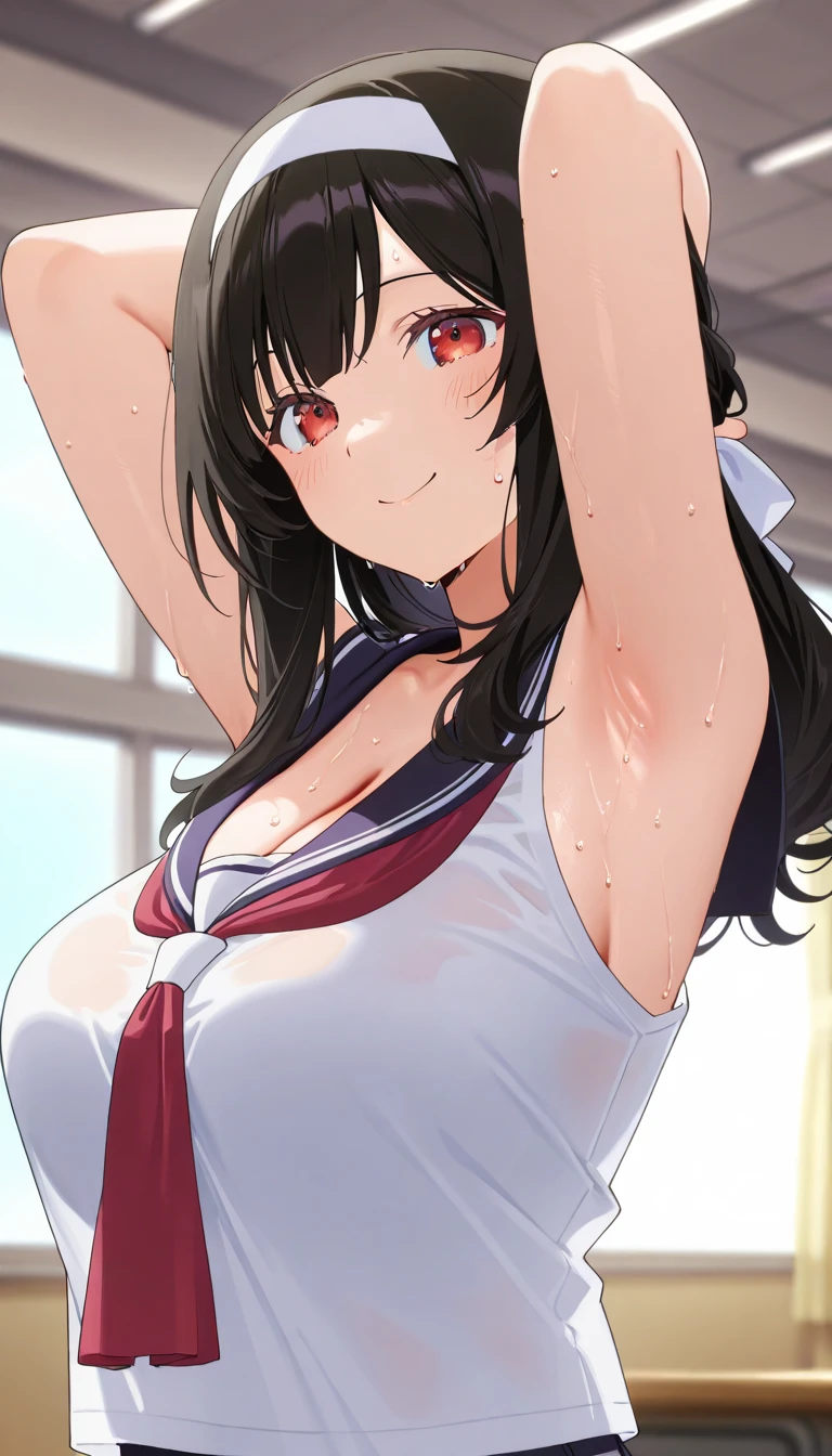 super high quality, ultra high resolution, hyper-detailed, high contrast, ultra fine strike, creative sophistication,black hair,living room,smile,cleavage