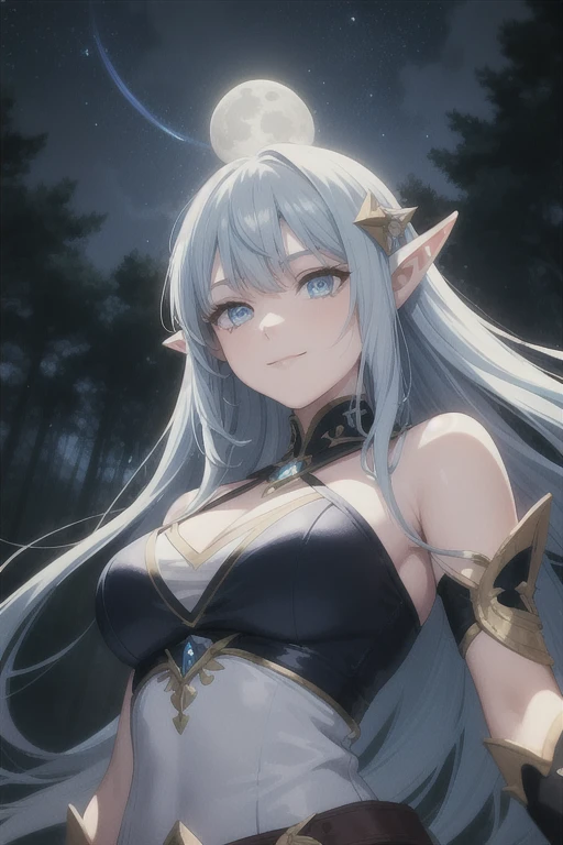 Very high quality, fantastic forest, night, beautiful elf girl at twilight