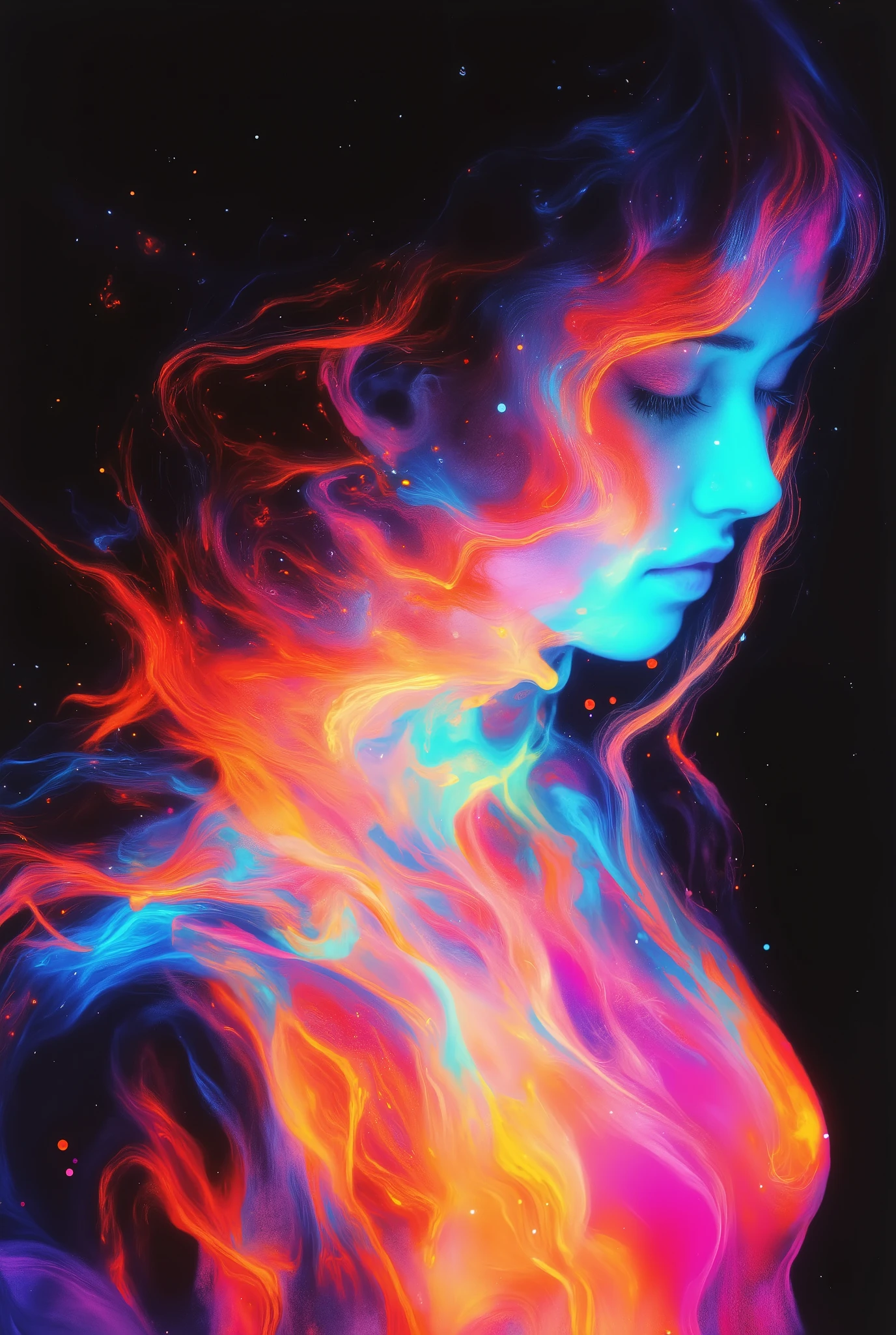 A glowing multiple exposure portrait captures a red-haired woman turning her head through three synchronized frames, shot on Cinestill 800T film under controlled lighting conditions. The tungsten-balanced film lends a cinematic quality to the image, enhancing the warm reds of her hair while introducing subtle blue halation around the highlights for a moody, atmospheric effect. Each phase of motion is illuminated by strobe lights fitted with complementary gels—burnt orange, aquamarine, and soft pink—creating a layered chromatic progression that feels both harmonious and dynamic. Intentional light leaks and faint reflections from glass surfaces add depth and texture to the edges of the frame, while careful underexposure ensures that each layer blends seamlessly into the next. The final image exudes warmth and mystery, capturing motion as a vivid yet intimate narrative.pscho_4rt, surreal, abstract, glitch, aidmafluxpro1.1, Anime art