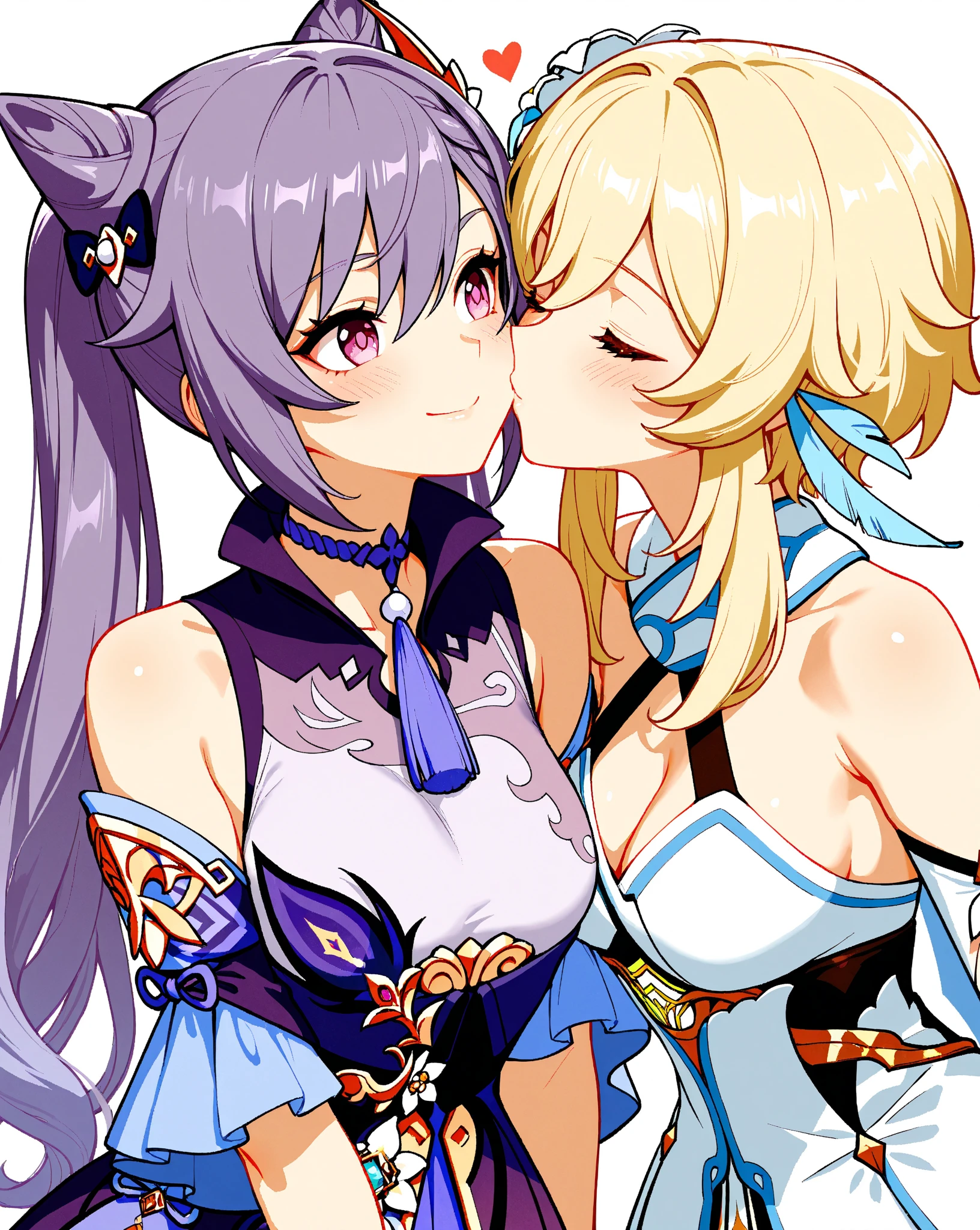 masterpiece,high quality anime drawing of 2girls,lesbians in love (kissing,smell:1.2),large breasts,at elaborate (Chinese gazebo,Chinese town,Liyue,lights),backlighting,detailed background <lora:U-AddMoreDetails-.5_2:1>
ADDBASE <lora:C-Keqing-i:1> keqing \(genshin impact\) (piercing thunderbolt),purple hair,hair bun,cone hair bun,twintails,double bun,long hair,hair ornament,hair ribbon,bangs,purple eyes,diamond-shaped pupils,earrings,bare shoulders,detached sleeves,dress,jewelry,skirt,black pantyhose,kissing,tsundere,blushing
ADDCOL <lora:C-Lumine:1> luminedef,Lumine \(genshin impact\),blonde,short hair, blue ribbon,auburn eyes,white dress,kissing,grin,smirk,assertive,aggressive
