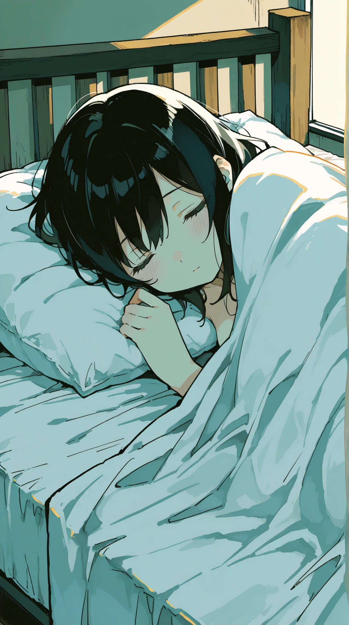 perfect anime illustration, side view of a girl having black hair with bangs, lying on her side on bed, view from a far distance, with her eyes closed