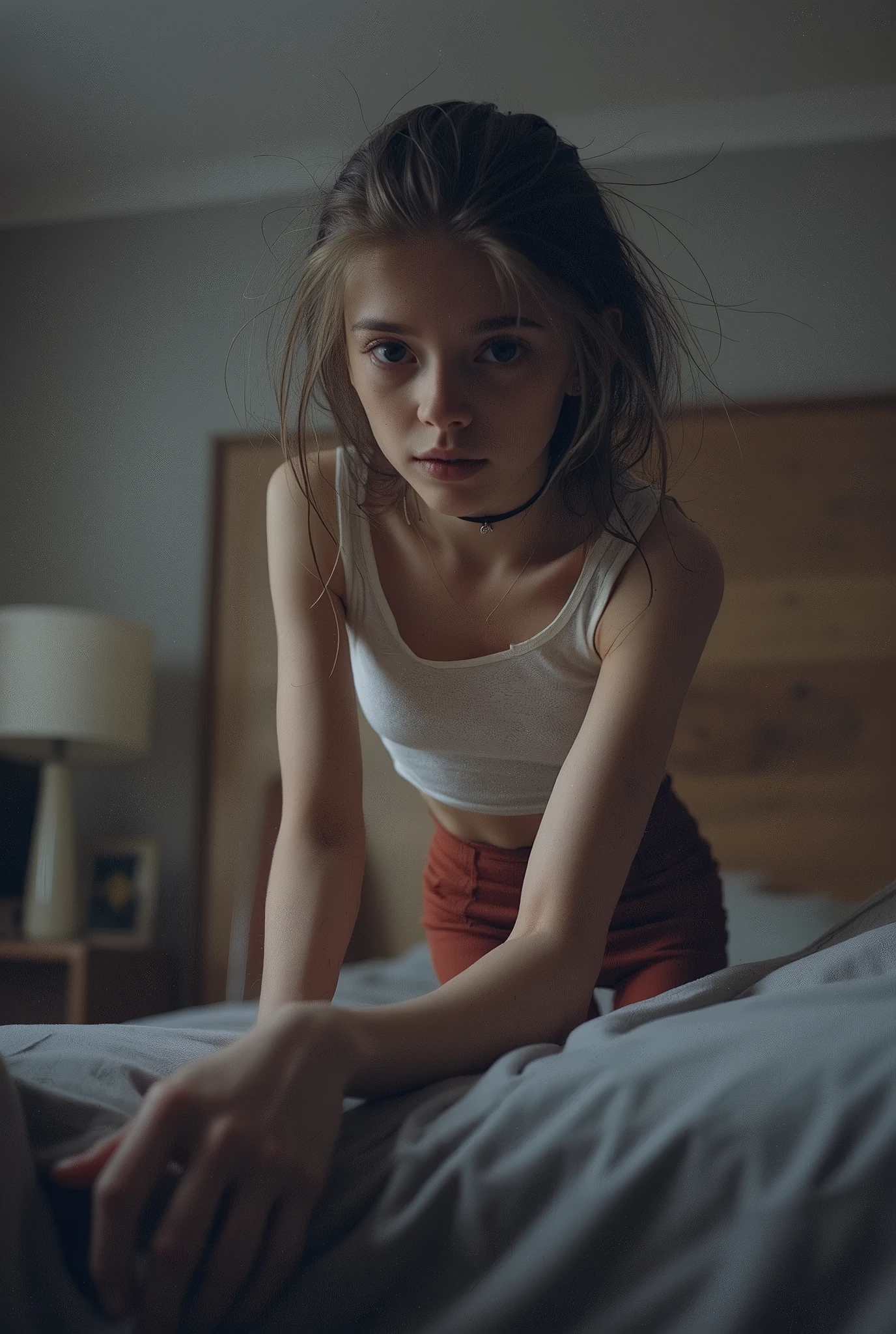cinematic Low-angle shot of 1 girl, Young, full body shot, photograph, standing in a room, leaning over you, posing, POV below, looking down on you, young, beautiful, european, youthful face, slim body, skinny small, petite body, long hair, intricate hair, bright eyes, natural skin, ((small waist)), flat chest, ((flat chested)), feminine, wearing choker, wearing cute crop top, ((wearing tight jeans)), domineering expression, condescending look , dramatic lighting, candid, Reddit, amateur, real life photo, low camera angle, POV from below, best quality, extreme detail, absurd resolution