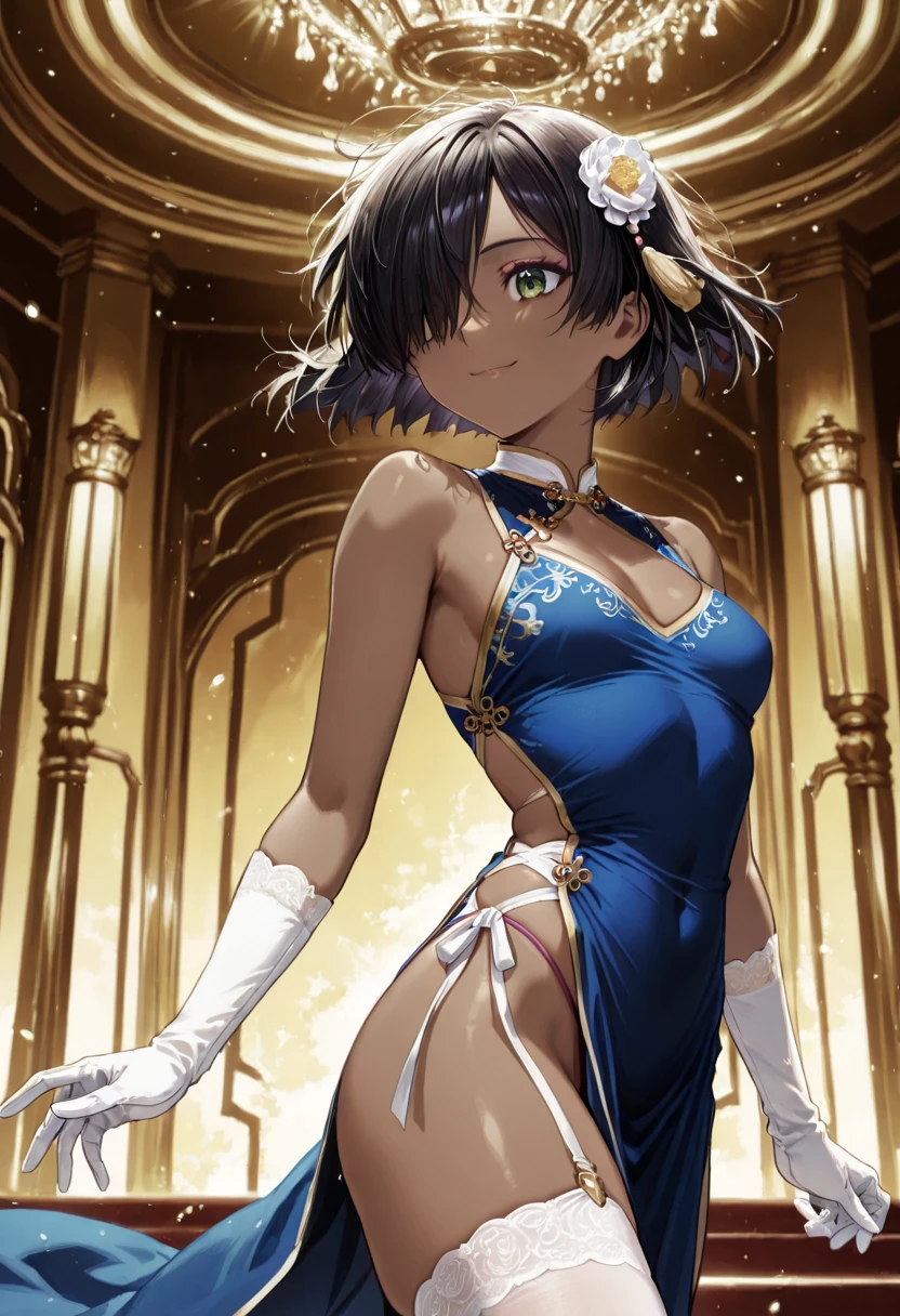 1 girl, 12years old, black hair, black hair,short hair, short hair, floating hair, bangs cover the forehead, messy hair, hair over one eye, hair covers one eye, hair cover one eye, big green eyes, purple makeup around the eyes, white choker, medium breast, medium breast, brown skin, brown skin, brown skin, small smile, no human ears, blue short chinese dress, blue short chinese dress, blue short chinese dress, ((long white stockings)), long white gloves, dress with a slit on both sides revealing the straps of the thong, dress with a slit on both sides revealing the straps of the thong, dress with a slit on both sides revealing the straps of the thong, dress with a slit on both sides revealing the straps of the thong, master piece, high quality, detailed, bright colors, detailed_background, in a luxurious ballroom, in a luxurious ballroom,