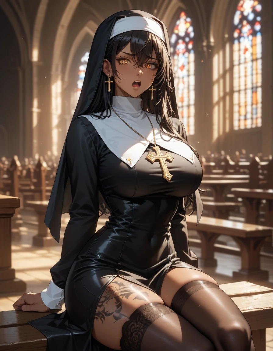 (high resolution, luxurious illustration), (Masterpiece, Ethereal), (((see-through tabard))), nun, (((squatt))), in church, ((dark nipples)), ((bare Carmeltoe)), mature female, Black areola, female public hair, (((Breasts seems to overflow from the tabard))), wet skin, (((MILF))), (Curvy), ((((Dark skin)))), long hair, Curvy physique, Thick body, ((Sexual suggestiveness)), Seductive smile, high-heels