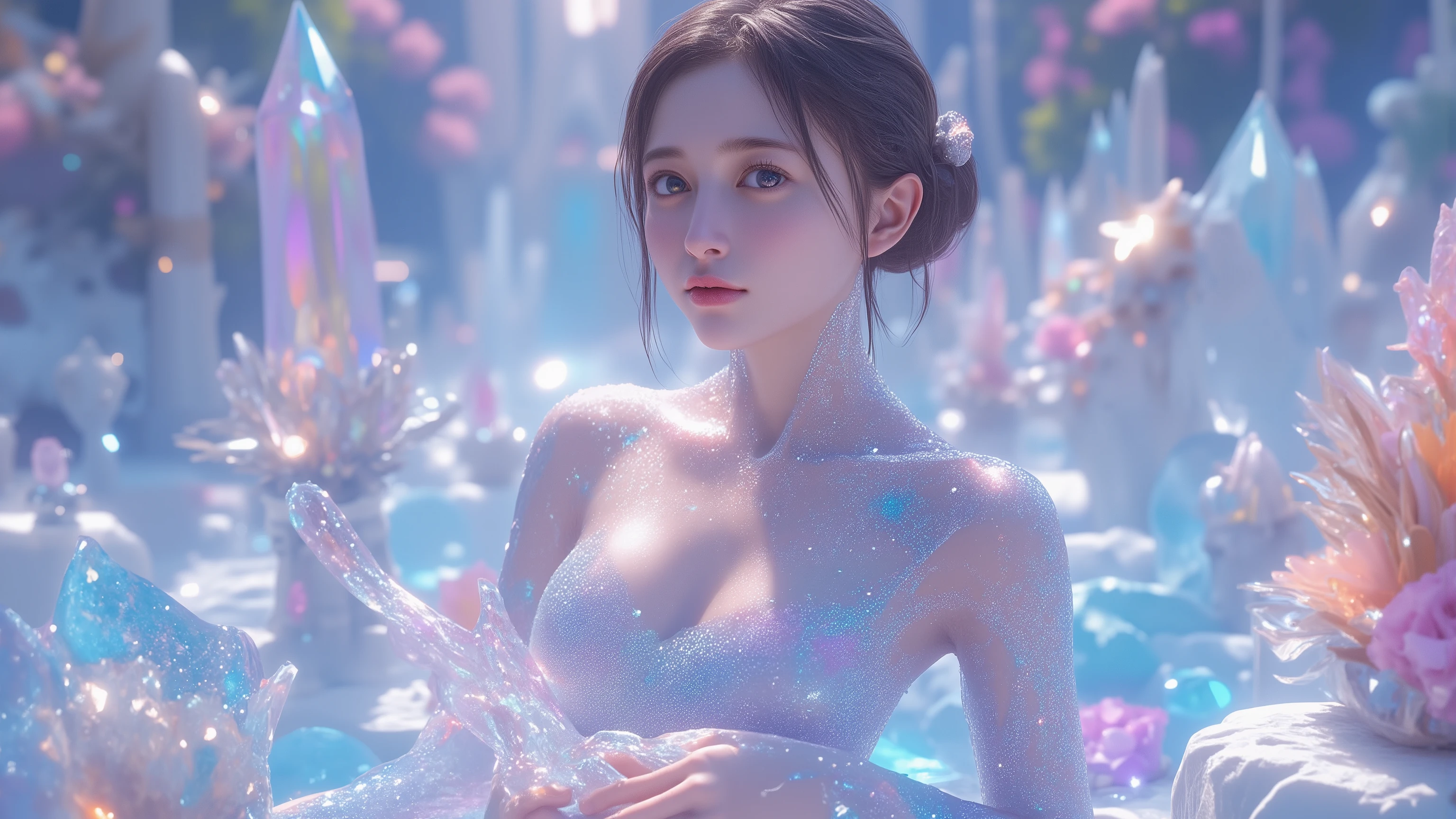 amazing fantasy world art, photorealistic 3d rendering of an amazing liquid-like woman. 20 years old, her whole body is composed of sparkling transparent liquid、Brilliant , harmonious gradation of hues, suggests movement and energy,The design of this figure is made up of、highlights the weightlessness and ethereal nature of liquid, texture that beautifully harmonizes with the Japanese woman, natural gemstone, and a collection of nature. the background sparkles with a mixture of sparkling hues、contains amazing natural crystals, iridescent gemstones with dazzling light, and a huge crystal centerpiece. the real and realistic eyes of the figure are mesmerizing, giving her a soul-like presence. the whole composition is a masterpiece of elegance, a beautiful girl that evokes awe and admiration . a collection of natural stones, Dazzling Sparkle, beautiful transparency , crystal clear beauty, Shandana Scenery, very cute and beautiful face , Seven colors of brilliance , diamonds, The ratio of , full of miracles and wonders、must capture the moment. very delicate and highly detailed,