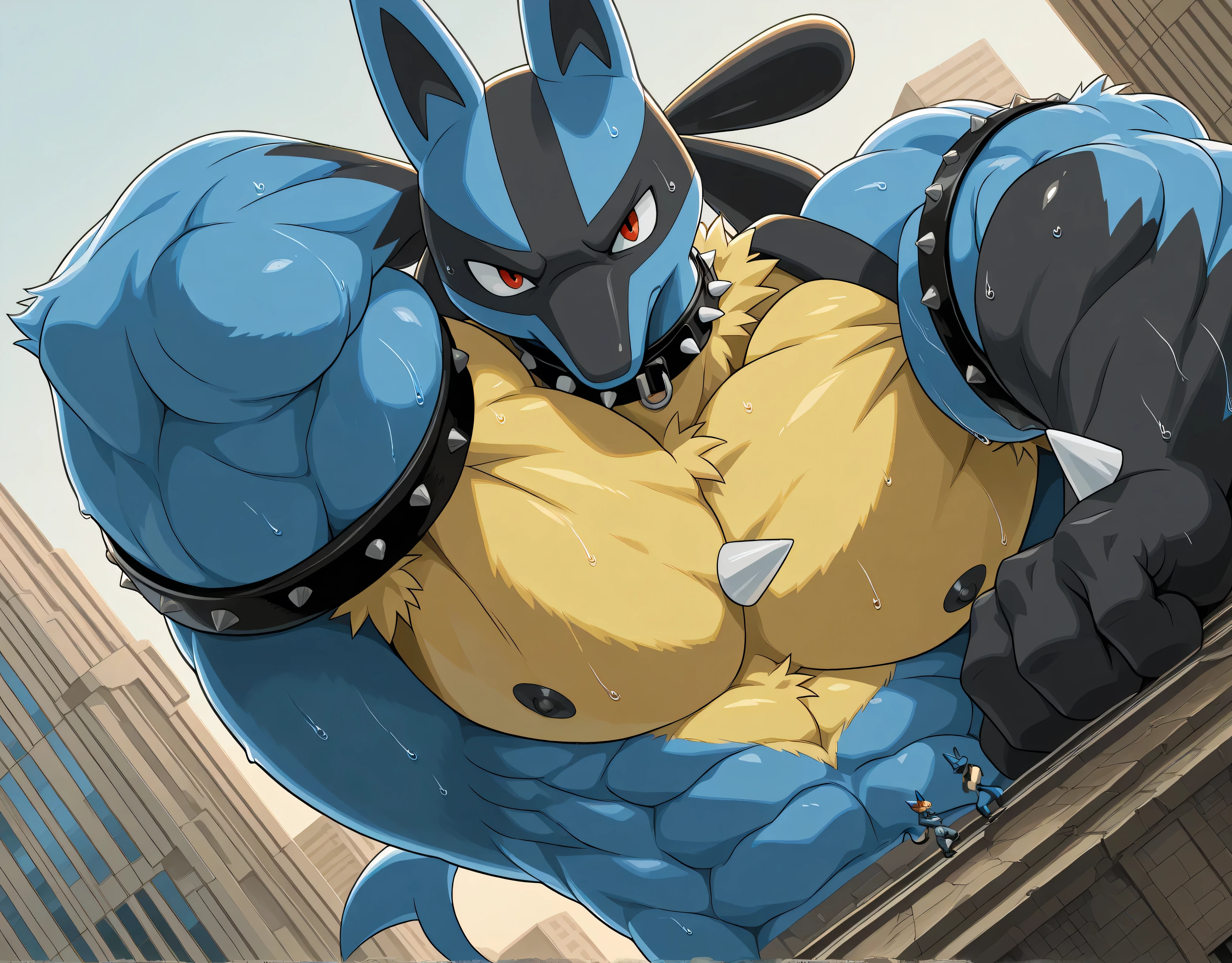 detailed background, low view, egypt, dutch angle, close up, score_9_up,score_8_up,score_7_up,score_6_up,score_5_up,score_4_up, BREAK kemono, bara, furry, 1boy, anthro, lucario, Blue Fur, Chest Spike, Red Eyes, yellow chest fur with thicker patches on the collar, Spike on Hands, Two tone fur, huge muscular, broad shoulders, male, macro, black collar on neck, tail, male, posing, bedroom eyes, sweaty, huge black nipples, angry, looking at viewer, upper body shot, flexing, growing out of a building