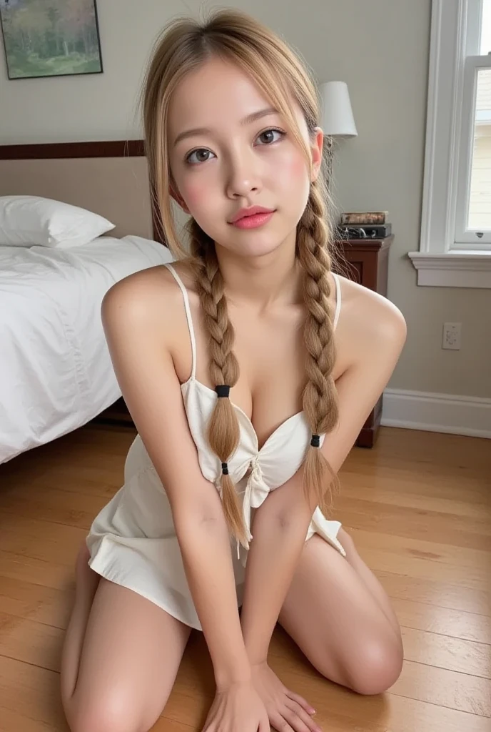 American girl, blonde hair, messy bun, inside nedroom, white bikini top