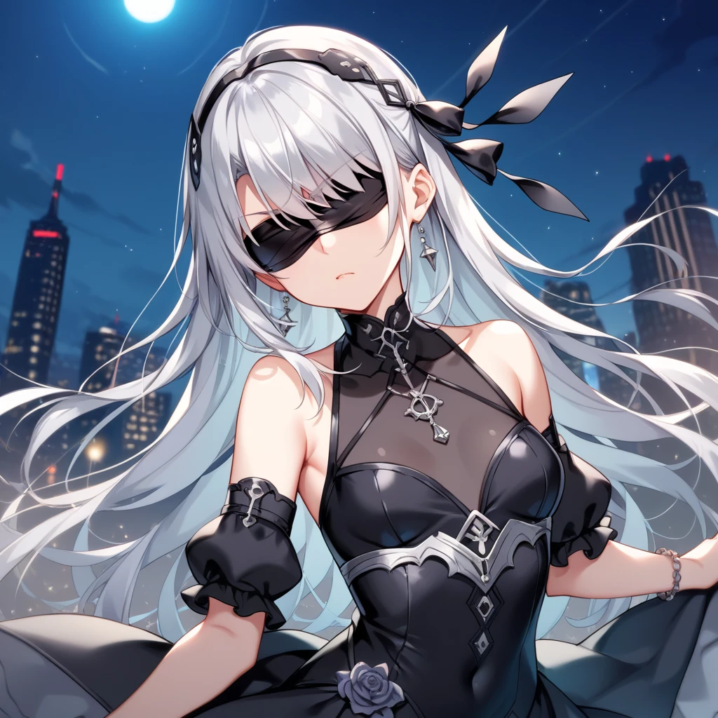 anime girl in black dress standing on pier with city skyline in background, best anime 4k konachan wallpaper, anime art wallpaper 8 k, anime art wallpaper 4 k, anime art wallpaper 4k, anime style 4 k, cyborg - girl with silver hair, girl with white hair, 4k anime wallpaper, badass anime 8 k, anime wallpaper 4 k