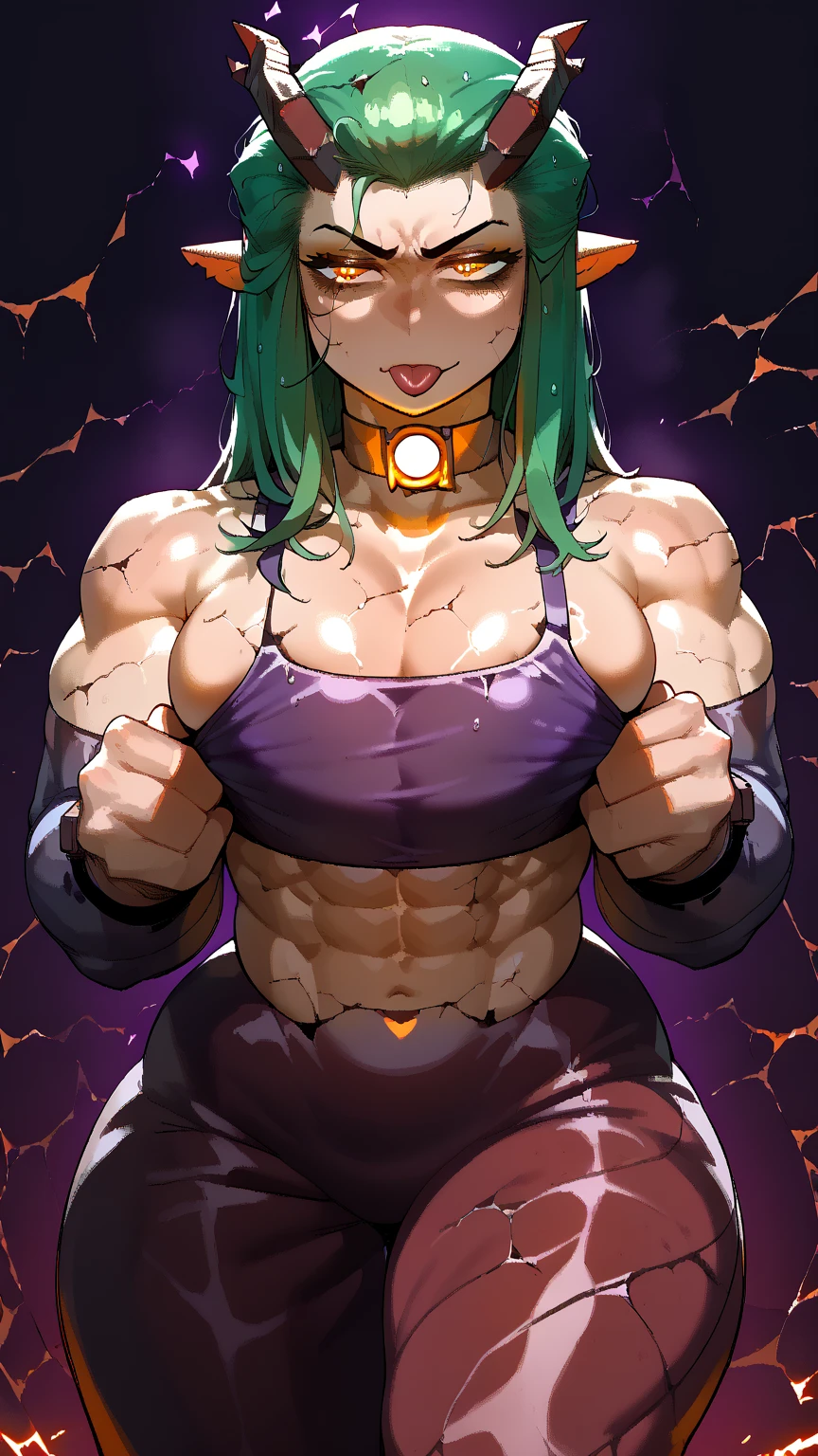 (Unity 16K Wallpaper, Masterpiece, Best Quality, Ultra-Detailed, Extremely Detailed CG, Caustics, Cinematic Lighting, Detailed, Beautiful Detailed Eyes, solo), Ultra High Resolution, fine skin、sexy,((curvy)),((gigantic breast)), black pantyhose,pony tail,casino,Portrait,bulack hair, hold one's chest with one's arms,green hair,straight hair,cowboy shot, ((((huge muscles))))