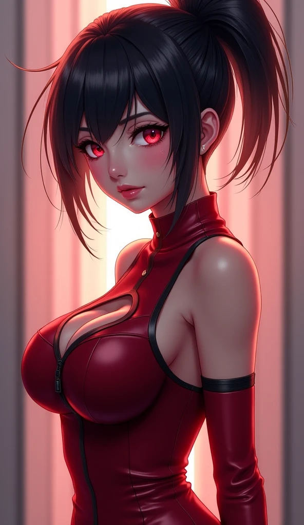 Sexy Uchiha 21 year old women, slicked back hair, beautiful face, black eyeliner, black eye shadow, j cup breast size, 8k, beautiful eyes, toei animation art style