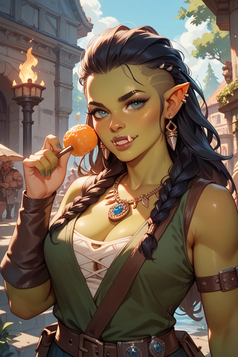 Adult female orc, seductive, lovely, freckle on chin, tall, short dark green hair, buzzed sides, big breasts, green skin, female orc, attractive, fantasy, hide armor, sheathed sword on back, tusks, woods, forest, kneeling, foragaing, looking away, fruit basket, soft-green irises, fully clothed, highly detailed, specific detail, perfect detail, perfect eyes, perfect hands