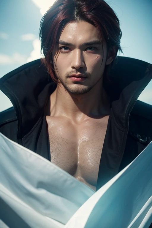 top-quality、​masterpiece、超A high resolution、(realisitic:1.4)、Detailed face、solo、１human male、The upper part of the body、Dark hair、glistning skin、dense skin、(asian human)、architectural、(absurderes、hight resolution、ultra-detailliert)、、1 male、Adults、(a 25-year-old man)、a handsome、tall muscular man、broad shoulder、extra very short hair、angular jaws、thick neck、thick eyebrow、extra very short hair、A dark-haired、fine eyes and detailed face、 Highly detailed CG Unity 8K wallpapers、intricate-detail、(Style Swirl Magic:0.7)、looking at the spectator、solo、(full body Esbian:0.6)、Detailed background、A detailed face、dynamicposes、、dynamic compositions、 big muscle、、((((bulge))))、a handsome、 ((masutepiece:1.4, Best Quality)), ((masutepiece, Best Quality)), (photographrealistic:1.4)、(((Sorcerer)))、grin, Surfing,、a smirk、Sunny and cloudy sky、(Complex blue long sleeve enchantment costume), scarf, the costume is too much revealing the tskin and thighs, fantasy Library Background:1.2), Photorealistic、cana、magic circles

