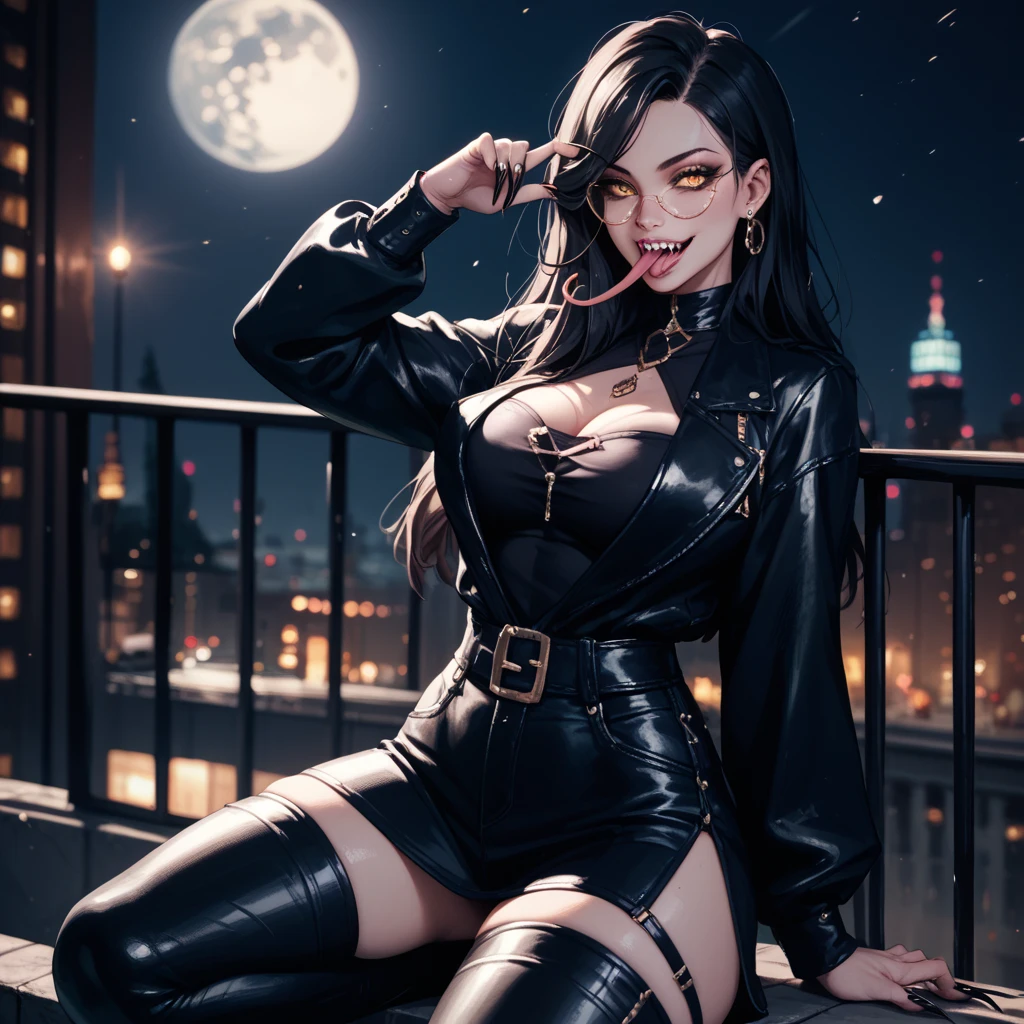 one girl, Black Trousers, Black Top , Gothic Style, Black Boots, Glasses, Black Stockings, Dark and Purple Hair , Eyes Shadows ++ , Darker Lips + , Gothic make-up, (Best quality:1.1), (Masterpiece:1.4), 1fille, (cheveux volumineux)+ , cheveux longs , (Yeux Bleux) , gros seins , (Large, dark lips)+ , peau brillante, starry night, Urban Scene ,Neons Light, Stary Sky , Full Moon