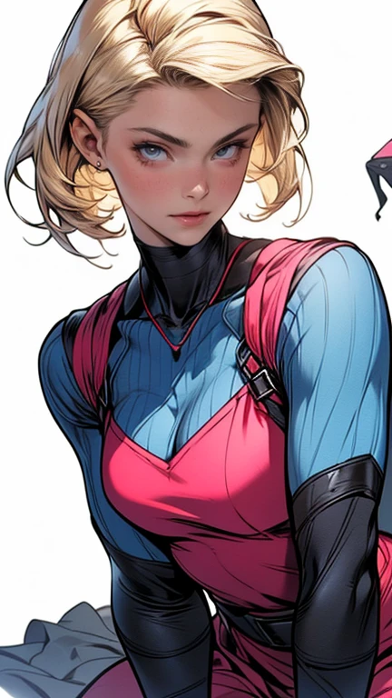 masterpiece,extremely beautiful woman,Excellent sense,cleavage,(((perfect very white background))),American Comics,(((The Perfect One Woman))),speech bubble,strongest,(((one person))),colorful,Rainbow-colored,Highly detailed upper body,breast enhancement,Lines,highly detailed face,SF,