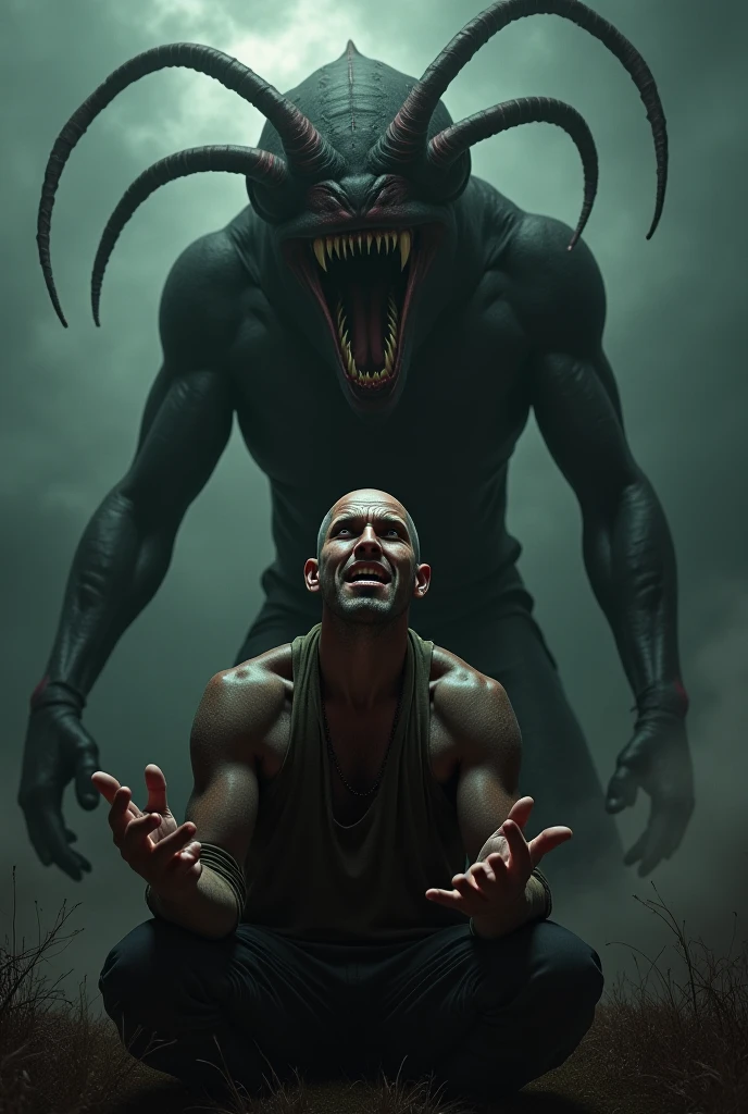 A man standing in a mountain curve with blood and only pant and white shoes remain in body, on his background green snake figure apear with glowing eye .