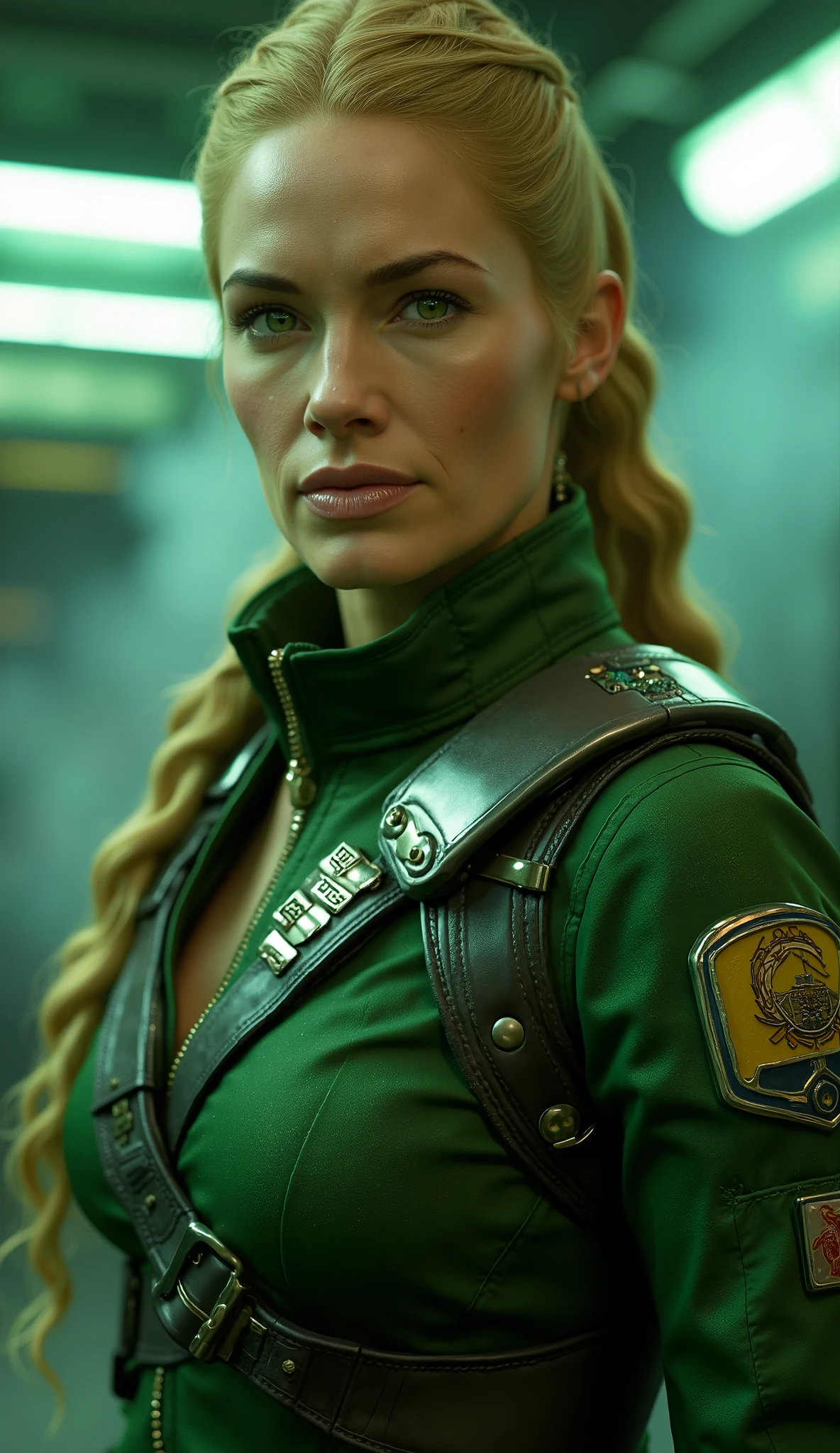 Here is a detailed prompt to generate an image **super realistic** de Sarah Jessica Parker como **Sonya Blade**, focused on **upper body**, in a brilliant green military uniform and striking details, e um Bottom marcante: --- **"Hyper-realistic Close-up by Sarah Jessica Parker as Sonya Blade, the experienced combat lieutenant of * mortal kombat*. She is in a confident and powerful pose, with a determined and focused expression , conveying strength and readiness for combat. She wears a bright green military suit, with reflective metallic details and badges that highlight his status From experienced soldier. The lighting is dramatic , with shades of green and silver, creating strong contrasts between light and shadow. O Bottom é um cenário realista de uma base militar de alta tecnologia, with neon lights, holographic screens and soft smoke, adding an intense and enveloping atmosphere."** --- **Extra details for realism:** - **clothing:** Brilliant green military fabric, with metallic reflections and super-realistic textures. - ** :** looking determined and focused , conveying the essence of an experienced and ruthless soldier. - **Bottom:** Super-detailed textures in the equipment and neon lights of the military base. This prompt combines iconic Sonya Blade elements with Sarah Jessica Parker's unique look, guaranteeing a cinematic and immersive result! rendered in an ultra-realistic way Engine 5 with resolution 8K or higher Bottom: dense forest, Greg Rutkowski style . dramatic lighting. 8k. 8k, rendered in Unreal Engine 5 realistic background Ultra-detailed textures, Cinematogr lighting

