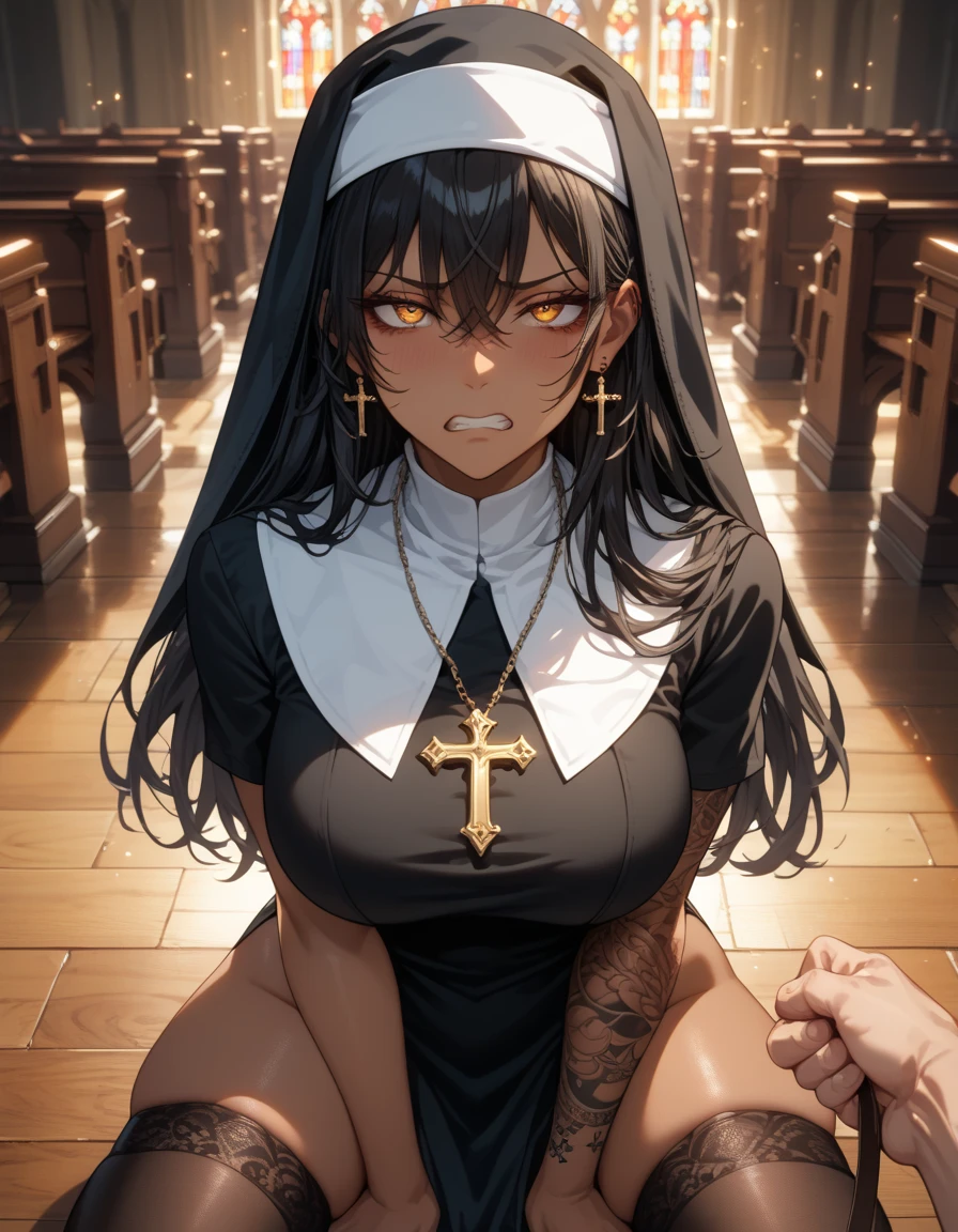 {artoria pendragon_fate ubw:1.15},(((black hair:1.5))), ((beautiful dark blue eyes)), , ((Strong light )) , ((1 very tall girl:1.6)),, alone,((surprised eyes:1.7)), hair between eyes,,, ((bare shoulders)),, cleavage, thighhighs, ((( very long straight hair:1.5 ))), ((topless:1.5)) , beautiful light, , close up face:0.5, detailed navel, detailed thin thighs, , ((sitting on silver liquid:1.6)), BREAK, (((shackles:1.5))), ,
trouble eyebrow, BREAK , ((white panties:1.7)) , love juice, nsfw,(ecstasy:1.8) ,(slut:1.6),(vulgarity:1.7),(fucked silly:1.8),(steam:1.5),(wet:1.5),(trembling:1.5),(Turning the face side to side:1.5) ,(drooling:0.6),(sweat:1.5),closed mouth:0.8, wince,(orgasm:1.7), trembling:1.8, beautiful upper body, Beautiful body, beautiful character design, perfect eyes, Perfect face, expressive eyes, Turning the face side to side,(church:1.5),in the center of the image, official art,High Definition CG Unity, Perfect lit, bright_front_face_lit, ,(Highest_quality:1.0),4k,Super detailed, photograph, 8K, nffsw, High resolution, absurd:1.2, kodak portrait 400, film grain, Lens flare, (lively_color:1.2) (beautiful,small breasts:1.4), (beautiful_face:1.3),(narrow_waist),((blush)), ((detail nipple)),,saber, dress, pony tail