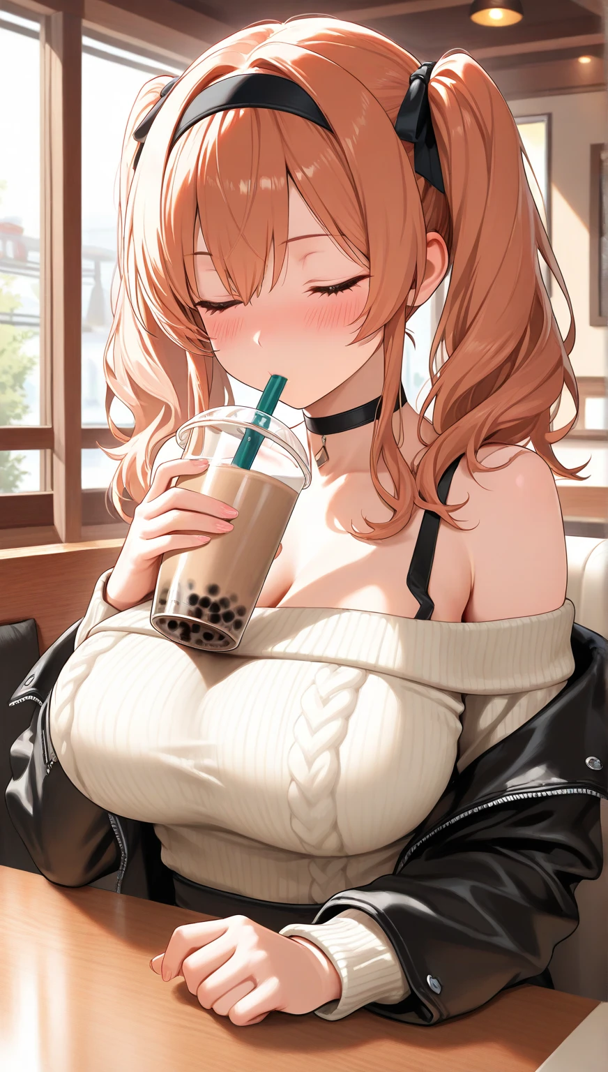 (extremely detailed CG unity 8k wallpaper), (best quality), (ultra-detailed), (best illustration), 1girl, objbetween, large breasts, bubble_tea between breasts, cleavage, straw, sucking on straw, <lora:objbetween:0.8>, sitting, beautiful detailed restaurant background, blushing, crop top, denim shorts,