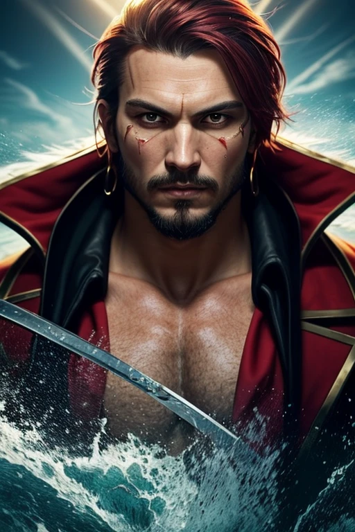 high resolution、Realistic、masterpiece、8k、Russian man、tall、Green reverse hairstyle、Long Hair、cheekbones are protruding、Shaky jaw、(((no eyebrows)))、Sharp eyes、Bad teeth alignment、Sharp teeth、Nose ring piercing、Invincible laughter、Large tattoo in the center of the chest、Dark red feather collar jacket、open breast、On the boat