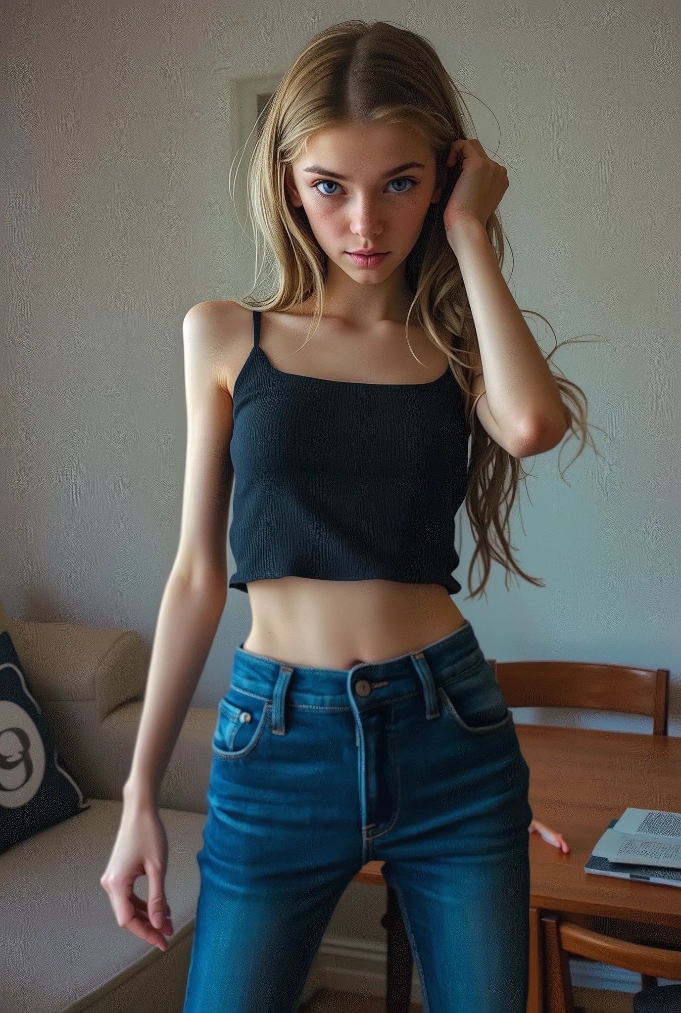 cinematic Low-angle shot of 1 girl, Young, full body shot, photograph, standing in a room, posing, looking down on you, young, beautiful, european, youthful face, slim body, skinny small, petite body, long hair, intricate hair, bright eyes, natural skin, ((small waist)), flat chest, ((flat chested)), feminine, wearing cute top, ((wearing tight jeans)), domineering expression, condescending look , dramatic lighting, candid, Reddit, amateur, real life photo, low camera angle, POV from below, best quality, extreme detail, absurd resolution