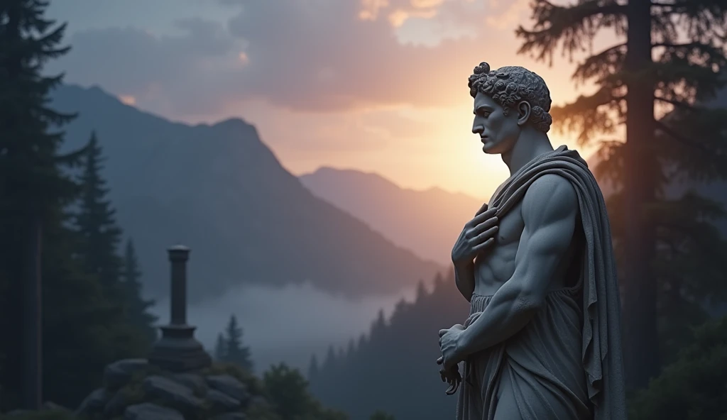 Imagine a statue of ancient marble or stone, standing on a pedestal against a foggy and stressed background. The statue depicts a muscular male figure, sculpted with meticulous attention to anatomical details, symbolizing strength and resilience. The surface of the statue is visibly worn by time, with various cracks and rough areas of marble or stone that reveal its advanced age. Small parts of the surface are worn down, but the grandeur of the figure remains intact.In the background, dense and dark clouds move slowly, creating a sense of turbulence and challenge. The mist partially envelops the base of the statue, adding an atmosphere of mystery and drama to the scene. Despite its worn appearance, the statue radiates a sense of permanence and durability, symbolizing the solidity of Stoic principles amidst adversity.