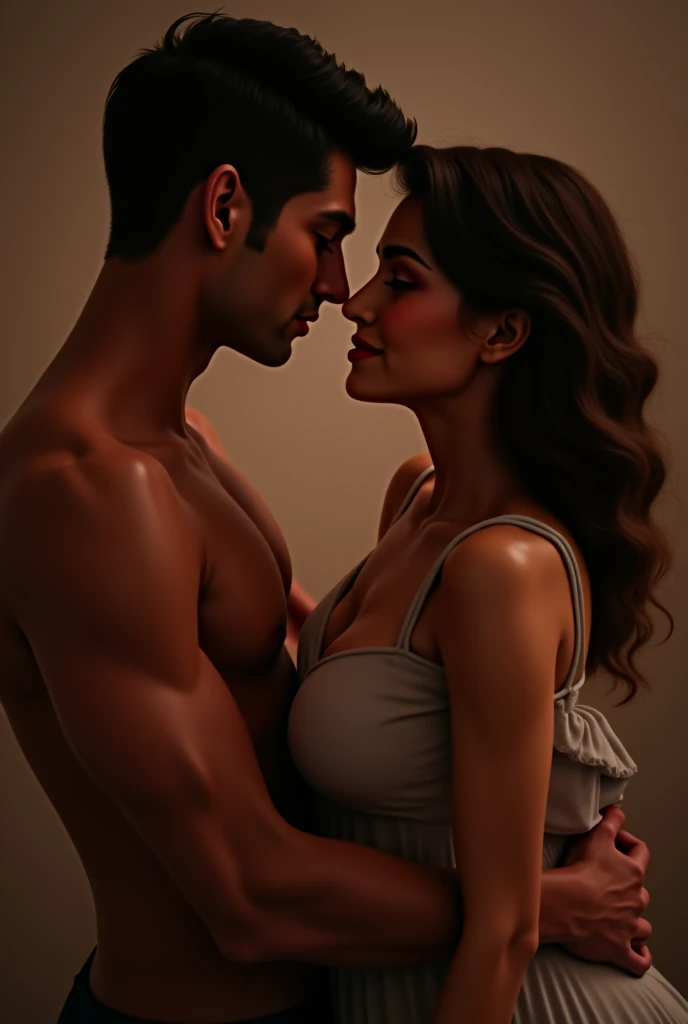 A brunette woman, confrontation, small and low, looking with loving and pleading eyes at a man. The man is tanned, taller than the woman, Big and strong, looking bad. He is shirtless and squeezes the woman&#39;s neck with one hand.. The background is black. The woman has curly hair.. 