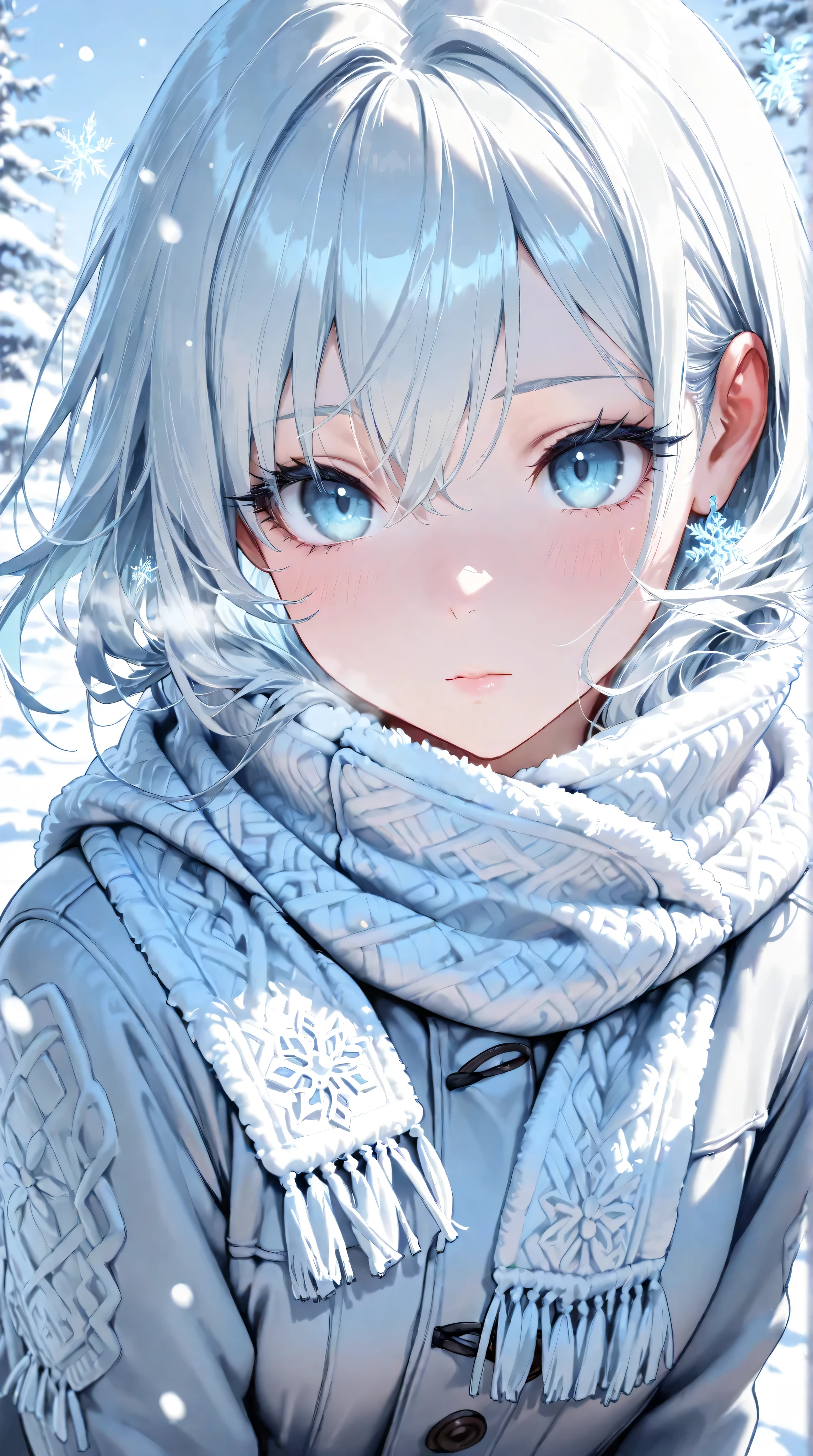 A beautiful girl in a winter landscape, detailed eyes and lips, long eyelashes, (best quality,4k,8k,highres,masterpiece:1.2),ultra-detailed, detailed snow, icy trees, snowflakes, cold winter atmosphere, muted blue and white tones, dramatic lighting, detailed winter outfit, serene and melancholic mood