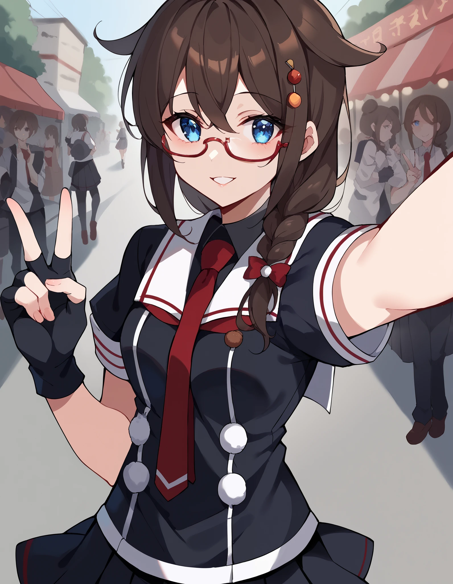 score_9, score_8_up, score_7_up, source_anime, Shigure, Shigure (KanColle), long hair, blue eyes, brown hair, black hair, hair ornament, knitting glasses, stupid hair, single knitting glasses, shoulder hair , hair flap,, skirt, gloves, school uniform, pleated skirt, sailor suit, fingerless gloves, tie, red tie, black skirt, black shirt, white sailor color, Short sleeve,, Street Markets , vendor, street food , A lively crowd, Local Flavors, vibrant, smile, selfie, arm up, Proximity Method, Viewers, extended arm, reach, reach towards viewer, v, parted lips, close one eye, cowboy shooting, Viewers, Alone,, cowboy shooting