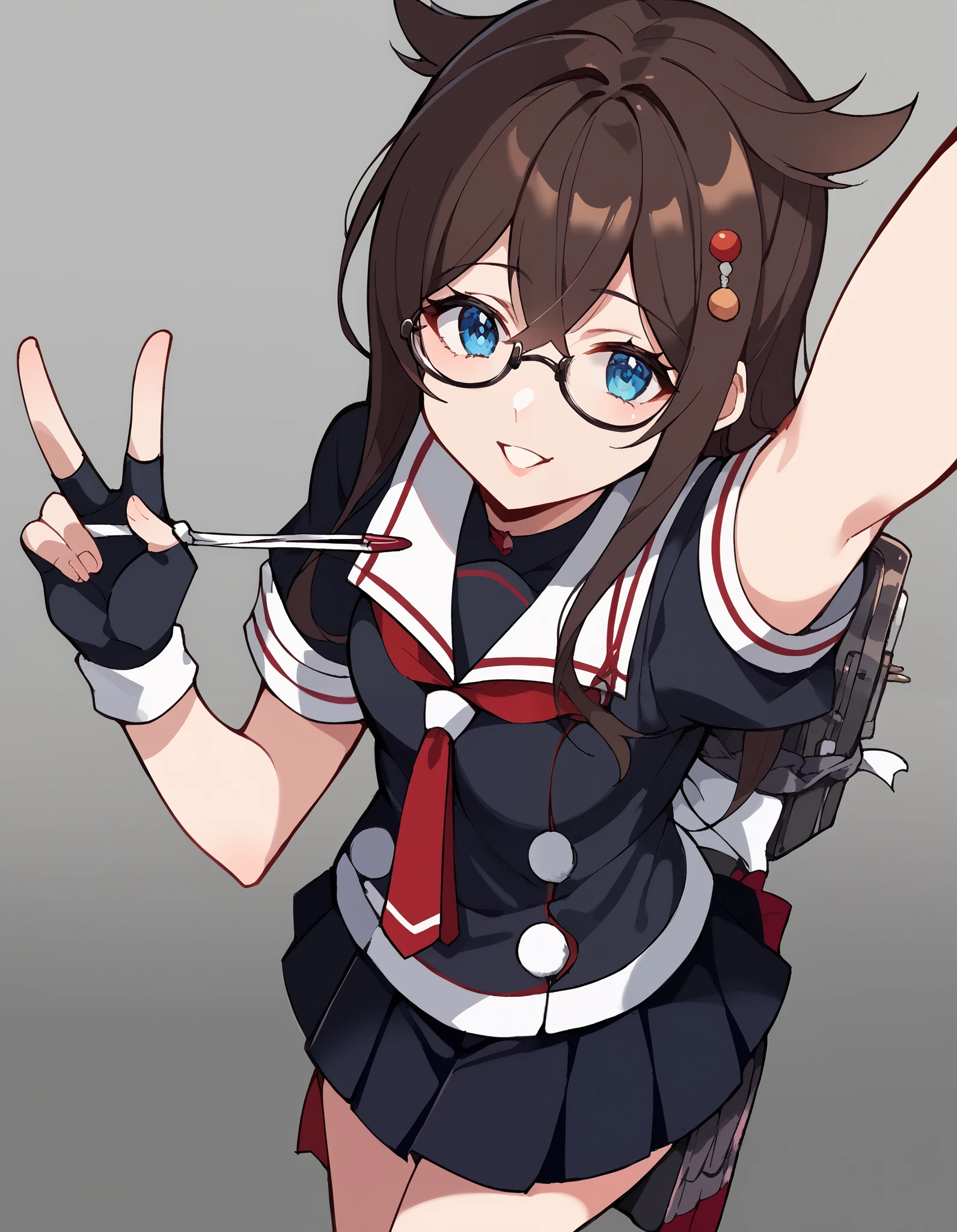 score_9, score_8_up, score_7_up, source_anime, Shigure, Shigure (KanColle), long hair, blue eyes, brown hair, black hair, hair ornament, knitting glasses, stupid hair, single knitting glasses, shoulder hair , hair flap,, skirt, gloves, school uniform, pleated skirt, sailor suit, fingerless gloves, tie, red tie, black skirt, black shirt, white sailor color, Short sleeve,, Street Markets , vendor, street food , A lively crowd, Local Flavors, vibrant, smile, selfie, arm up, Proximity Method, Viewers, extended arm, reach, reach towards viewer, v, parted lips, close one eye, cowboy shooting, Viewers, Alone,, cowboy shooting