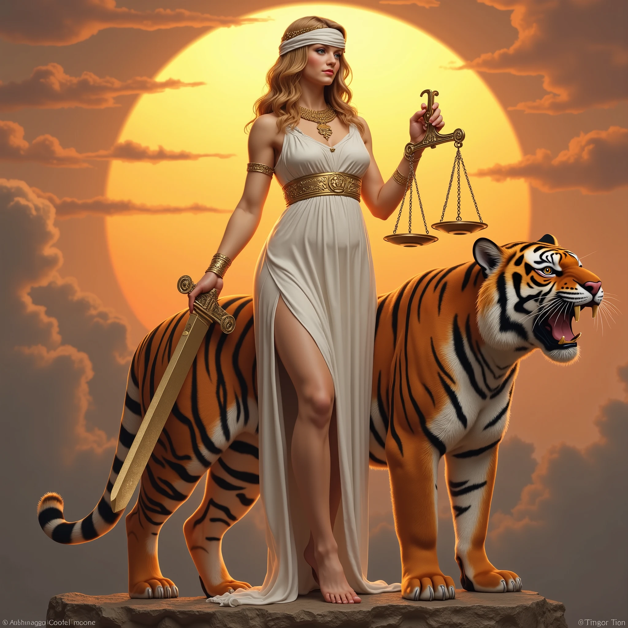  goddess Themis of Justice,  with a curvy body and a white dress , and shows her wide hips , and shows off her wide and strong legs, and with soft and smooth skin ,  and with long ones, wavy golden hair ,  and holds a long sword ,  and holds a scale with the initial letter M ,  with her other hand and cover the goddess's eyes with a small white cloth,  everything is detailed and of high quality,  and on top of the big, a thick and open silver law book, Include letters  "Jus "  silver , and is pulled out of one giant and huge and powerful Bengal Tiger , And showing off her big fangs , in her hand and looks right in front of her, The tiger includes a golden glow all over its body,  elegantly shaped , my real . Put the letter M on the necklace and place it around the goddess's neck, in golden,  The background shows an elegant and beautiful sunset, Include the initial letter M in the center of the evening sun , the atmosphere in the sky with with elegant and beautiful clouds .