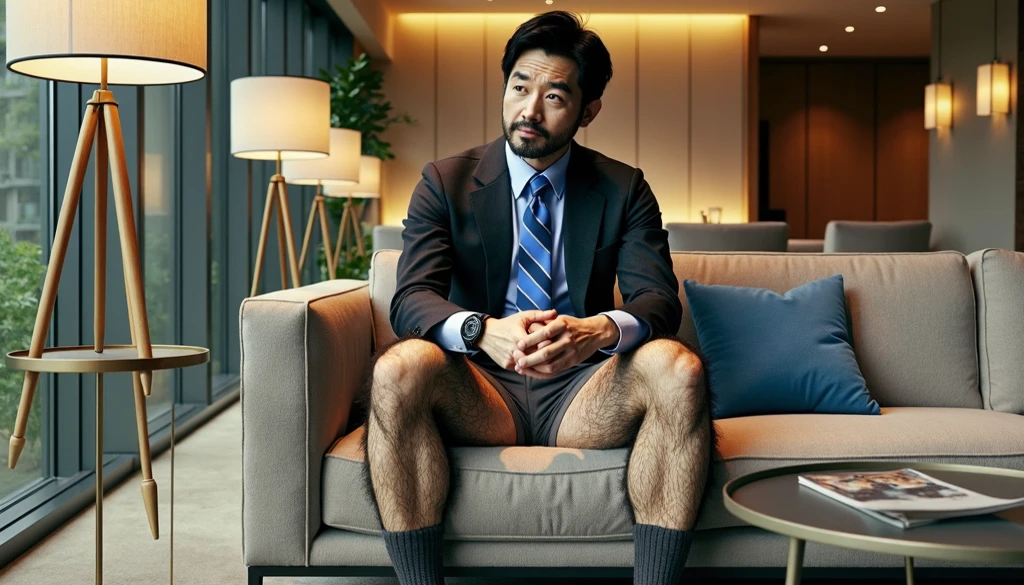 40 years old,Hidetoshi Nakata,(Kogoro Mori 1.3),whole body,Lean,muscle,office,grey socks,Feet raised,sofa,Baldhead ,transparent,Thick body hair,underwear,Topless,Densely hairy,Fortitude,HD,With a mustache