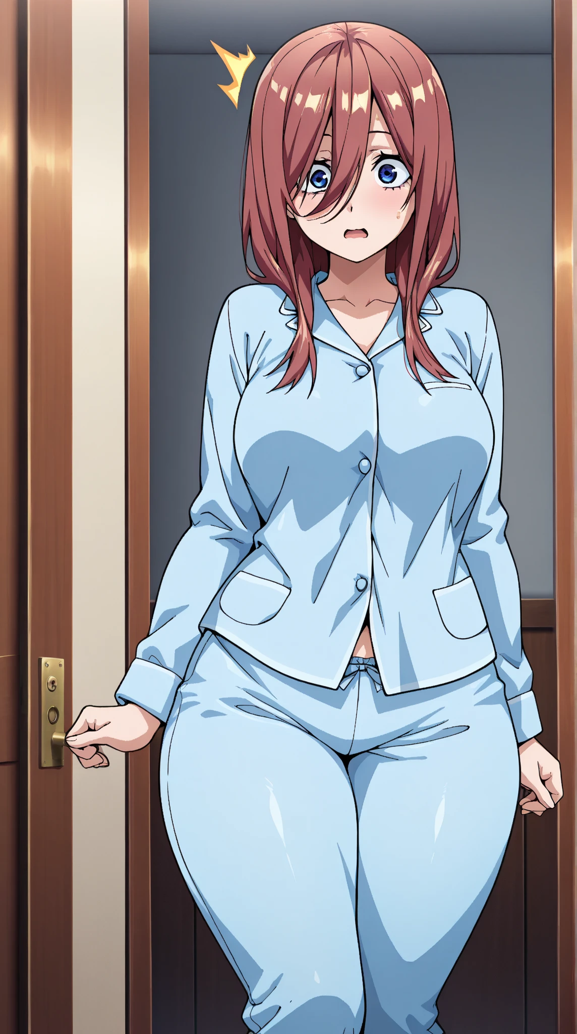 erotic,full body,wearing yellow pajamas in her room, cleavage,Erza Scartel, female, 25 years old, red hair, ruby red eyes, smiling and blushing, large breasts, well-shaped rear. Red hair