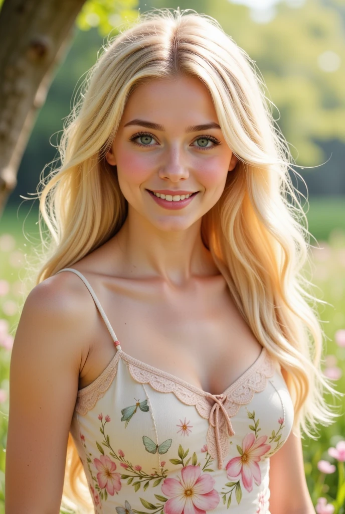 (best quality,ultra-detailed),(realistic:1.37),scandinavian glamour model,21-year-old,beautiful detailed eyes,eyelashes,forehead,short hair,blonde hair,looking at the viewer,smiling,wearing elegant attire,standing in a lush garden,soft natural lighting,vivid colors,dreamy atmosphere