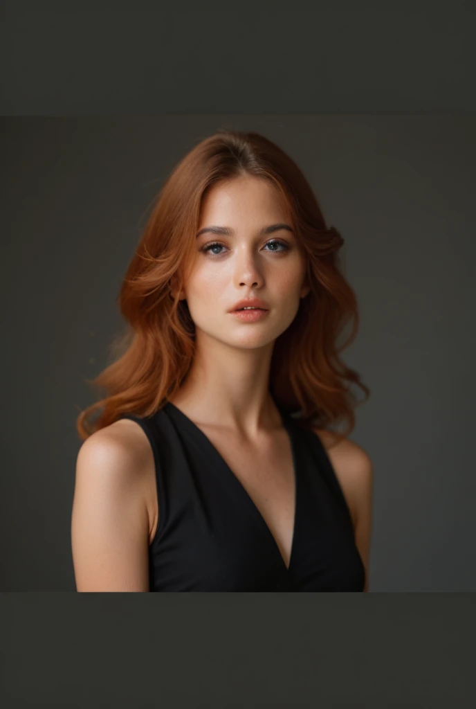 (Best quality, 8k, 32k, masterpiece, UHD: 13), 1 girl, good hand, 4k, high resolution, masterpiece, best quality, head: 1.3, ((Hasselblad photography)), (model with red hair), finely detailed skin, sharp focus (cinematic lighting), clavicle, morning, soft lighting, dynamic angle, [:(detailed face: 1.2): 0.2], armpit fold, navy blue clothing, slender, infinity background, flat background,  photography with Hasselblad 50mm f8 camera, studio flash lighting, navy blue dress, model with navy blue dress, captivating look, seductive look, freckles on face, perfect eyes, big breasts, big tits