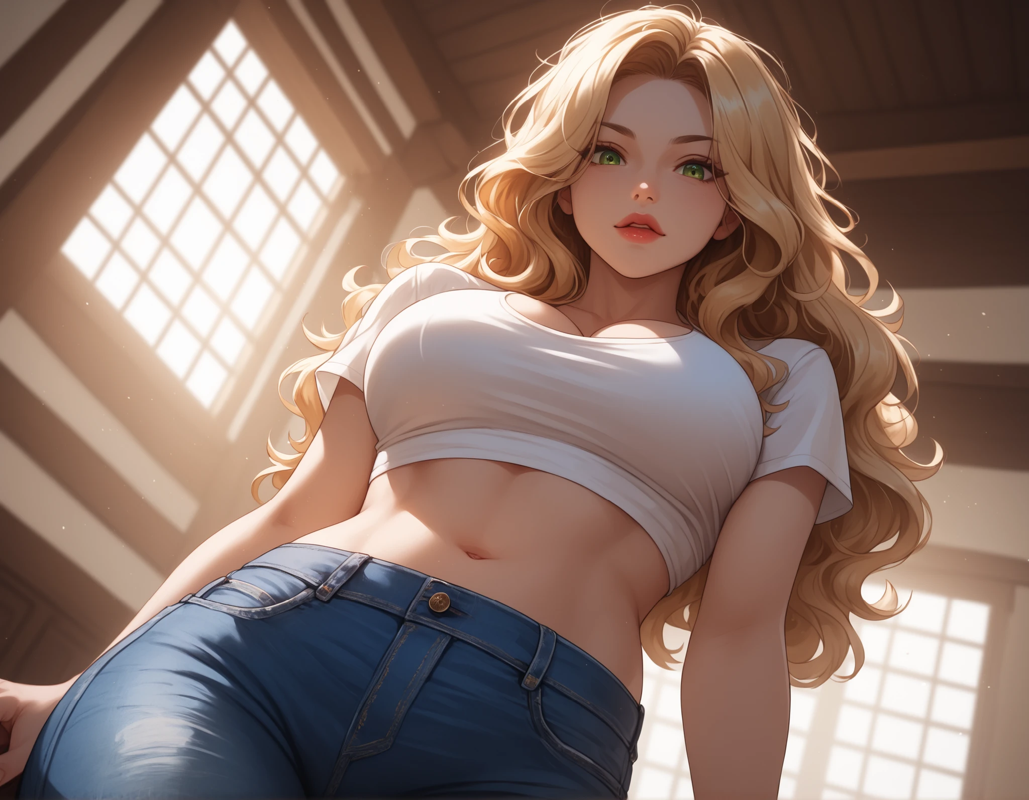 1 girl, solo, Big round breasts, curvy hips, hourglass waist, realistic, bright blonde hair, light green eyes, amazing big eyes, eye details, eyebrow details, white crop top, denim skirt, parted lips, blush, confident, dominant, bdsm, smirk, naughty, mischevious face, HD, good quality, crop top, curvy, bedroom setting, standing up