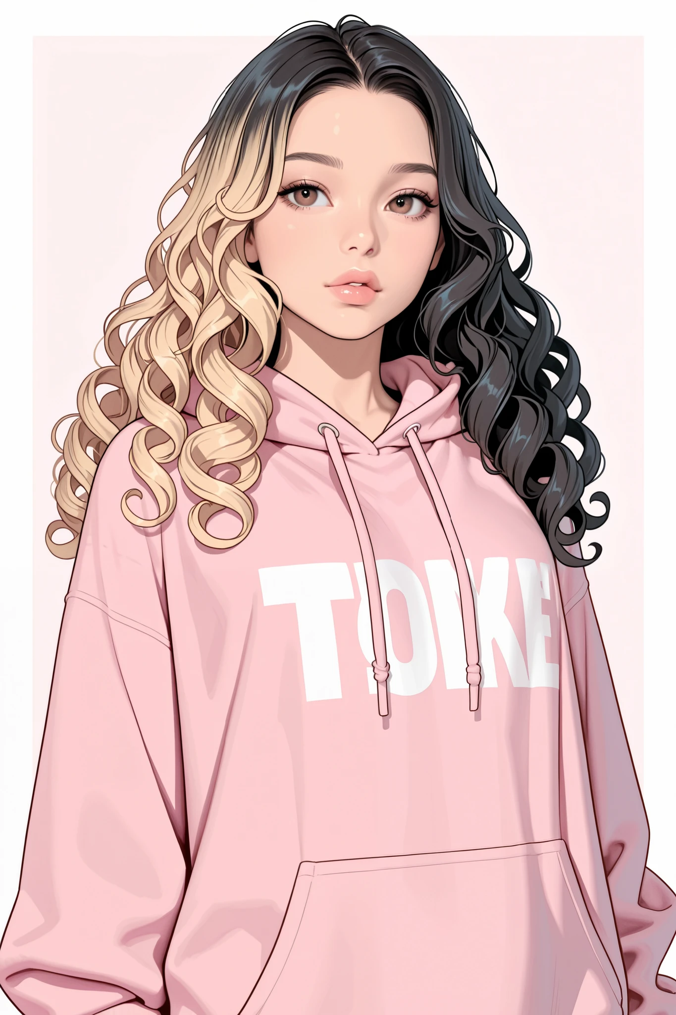 black hair with blonde highlights, long curly hair, long hair, curly girl, slim thick, lips, sexy lips, brown eyes, oversized hoodie, pink clothes, soft colors, high res, 4k, high definition