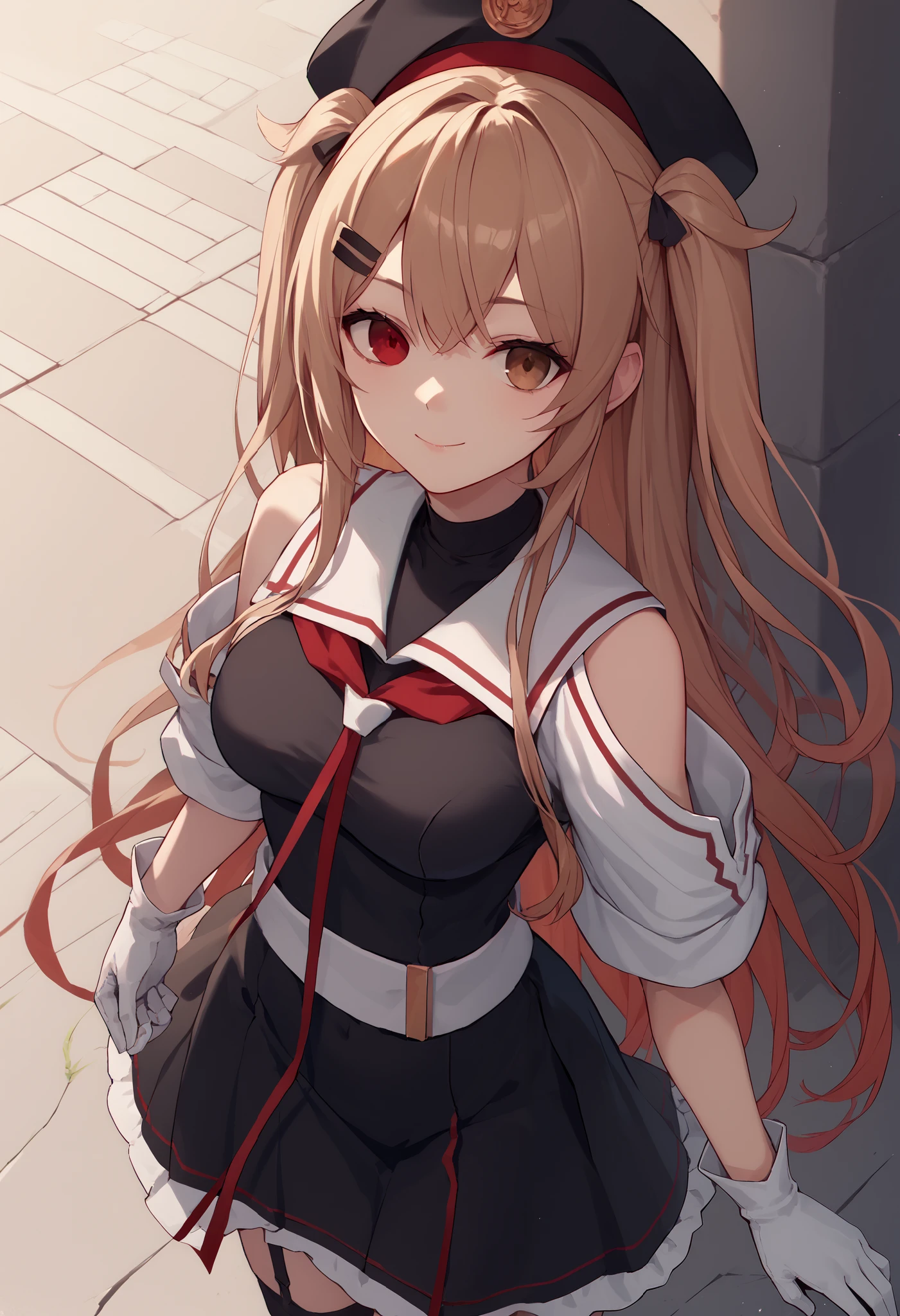 MuraSamekC,1 girl , (masterpiece) , BEST QUALITY , high resolution , bb murasa , long hair , two side up , hair flap , hair clips , above Decorati has , black headwear , heterochromia , Red Eyes , brown eyes , white sailor color , red neckerchief , black shirt , detachable sleeve , white gloves , black skirt , garter belt with dress , smile , outdoor , put your hand on your lower back , cowboy shooting