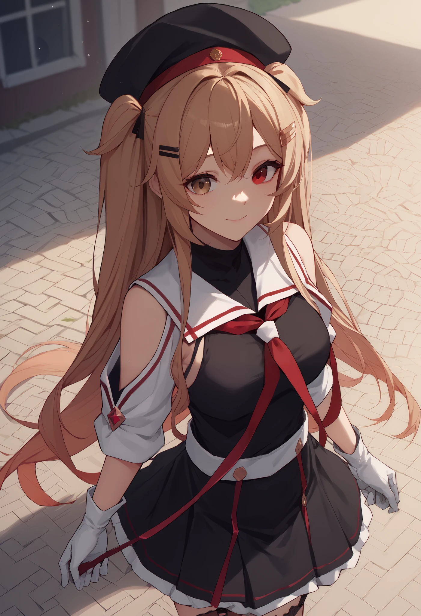 MuraSamekC,1 girl , (masterpiece) , BEST QUALITY , high resolution , bb murasa , long hair , two side up , hair flap , hair clips , above Decorati has , black headwear , heterochromia , Red Eyes , brown eyes , white sailor color , red neckerchief , black shirt , detachable sleeve , white gloves , black skirt , garter belt with dress , smile , outdoor , put your hand on your lower back , cowboy shooting