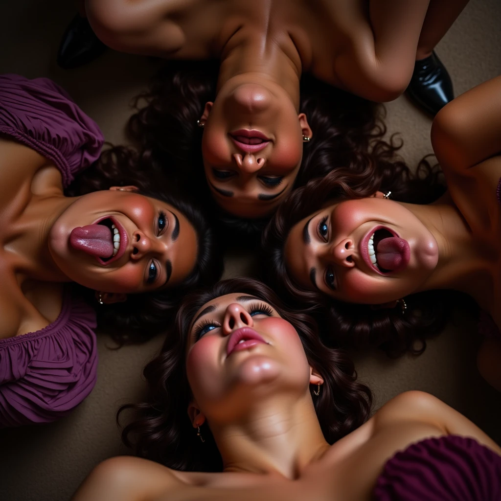 Full-length shot from below of three Italian girls in their twenties,nudes wearing leather outfits, with long spiral curly hair, in a playful and fun atmosphere. The girl in the center is having her hair shaved with an electric razor, leaving patches of bald spots, as the curls fall on their clothes, on the legs and on the floor. The focus is on the shiny, textured curls, capturing the joyful moment with great attention to details. Taken with a Nikon Z7 II, 50mm f/2.8 lens/1.4, Vibrant