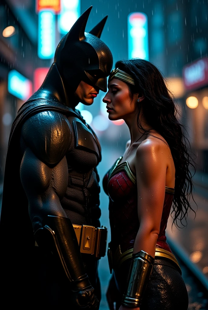 a Wonder woman in a red and blue superhero suit, a Batman in a dark superhero suit, an epic fight in a rainy Gotham City at night, raindrops and puddles, high-detailed hero outfits, wet hair and skin, 4k, cinematic scene, 16:9 aspect ratio, hyper-realistic, masterpiece, cinematic lighting, dramatic action, dramatic pose, dramatic expression, dramatic weather, dramatic environment, dramatic storytelling, dramatic effects, dynamic composition, atmospheric fog, neon city lights, heavy rain, dark and moody color palette, volumetric lighting, intricate details, photorealistic, impactful visual storytelling
