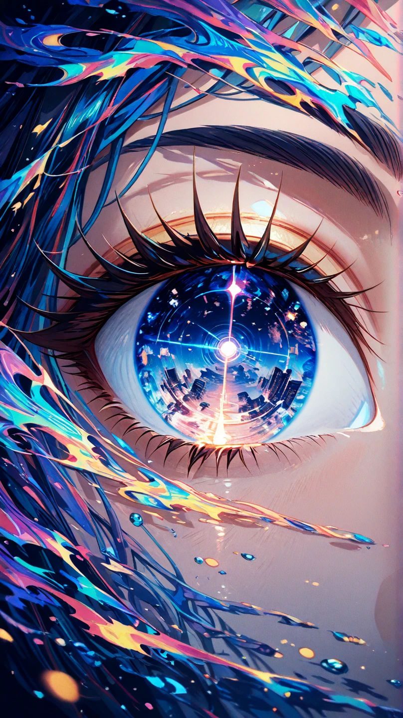 Masterpiece, high-quality, detailed depiction, delicate portrayal, beautiful, Digital art, woman's eye, beautiful eyes with long eyelashes, close-up of one eye, {{a Digital space and music expanding within the pupil}}, Musical notes scattered on eyelashes、Digital, music, 4K graphics.