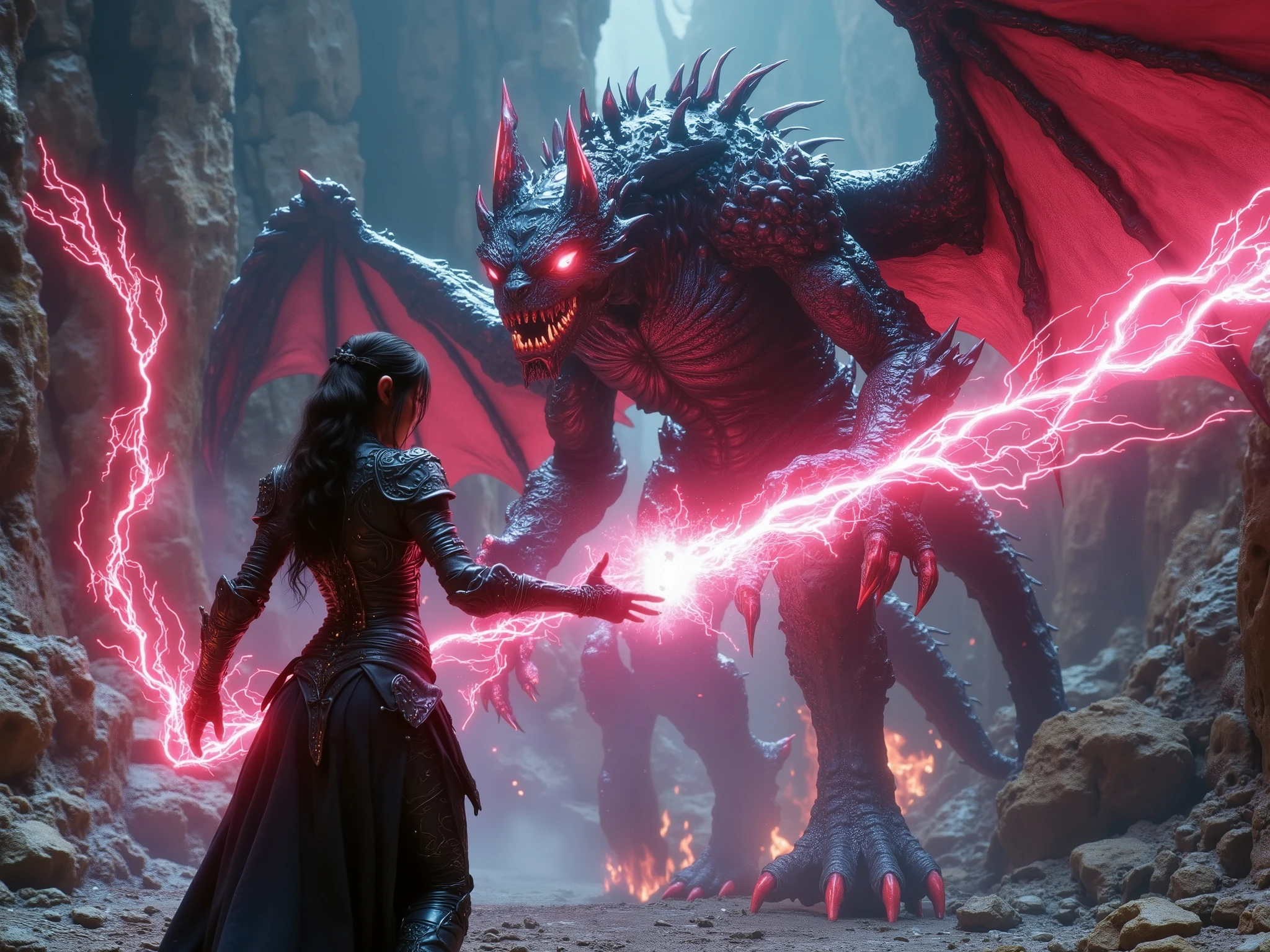 A stunning Asian elf sorceress. She has breasts and a slim hourglass body shape clad in tight, simple, medieval, padded leather armor and full leather trousers. Her dark hair matches the black of her elven armor. She is standing in an aggressive combat stance, firing a glowing ball of intense blood plasma magic, violently destroying a biopunk monster. The background is detailed with elven megastructures towering, intricate biomechanical designs fusing flesh and machine with jagged lines of blood and lightning, inspired by Metabolism architecture aesthetics, vibrant colors, and exquisite violent details. Kaleidoscopic colors.