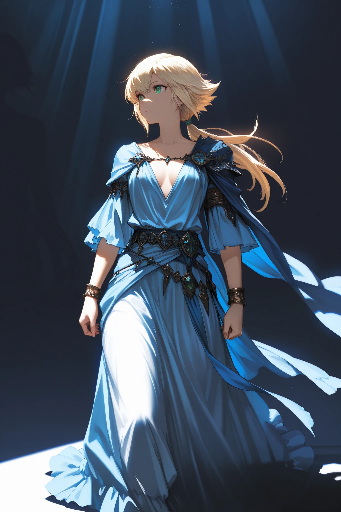 (masterpiece, best quality, ultra-detailed, best shadow), (dark fantasy), high contrast, (best lighting, extremely delicate and beautiful), ((cinematic light)), colorful, hyper detail, dramatic light, intricate details. age Boy Short Blonde Hair Masculine Low Ponytail, green eyes, bracelet on right arm, blue and white clothes